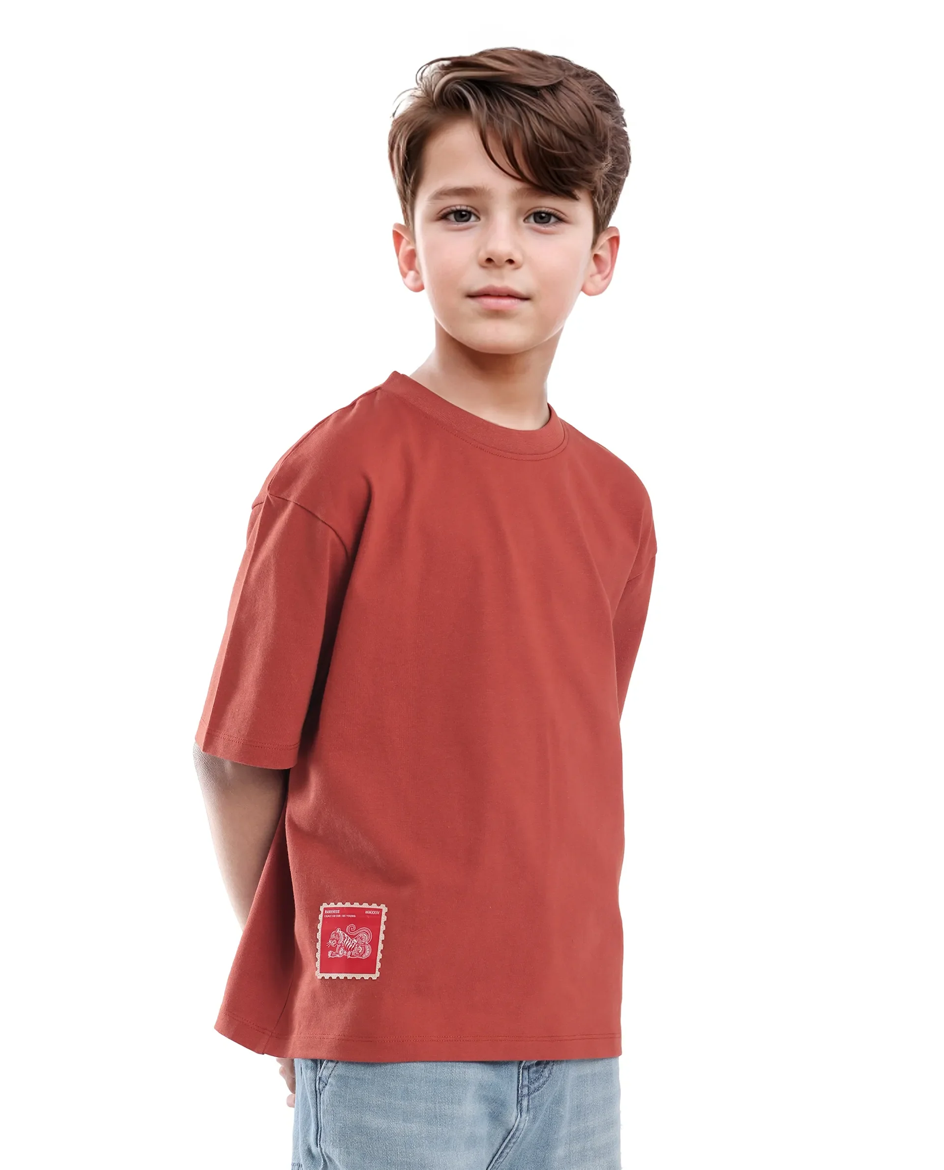 Rare Ones Kids Tiy Rust Cotton Graphic Print Slip-On Oversized Fit T-Shirt - Image 7