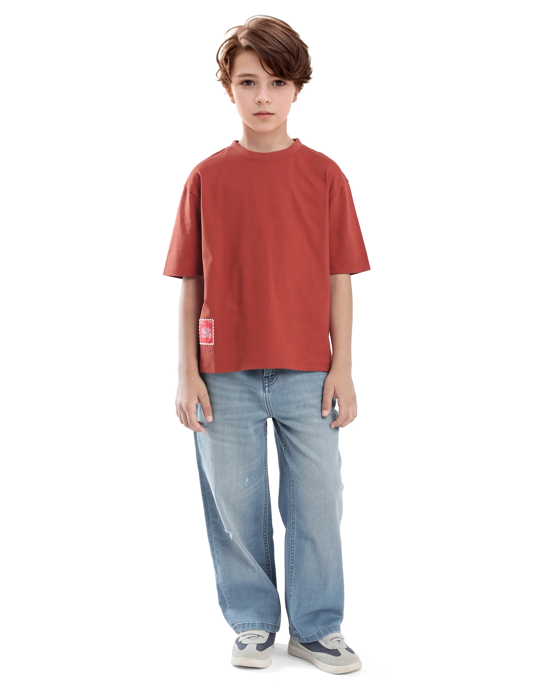 Rare Ones Kids Tiy Rust Cotton Graphic Print Slip-On Oversized Fit T-Shirt - Image 8