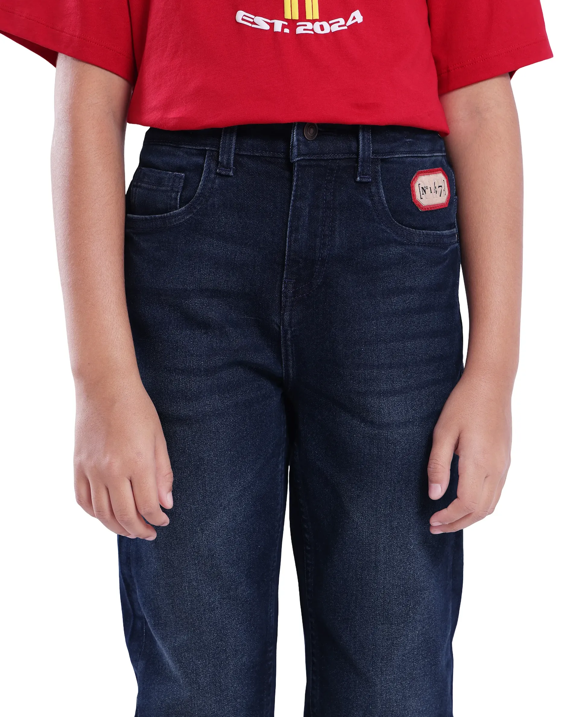 Rare Ones Kids Tobby Dark Blue Cotton Solid Button And Zip Closure Slouchy Fit Jeans - Image 2