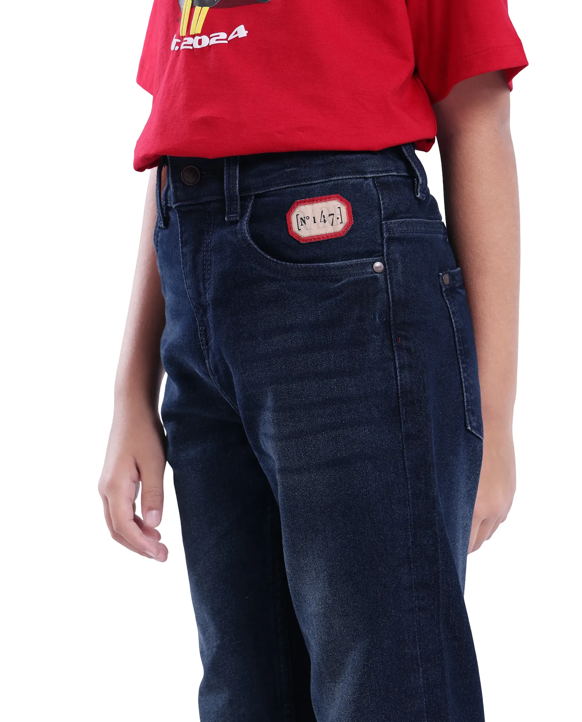 Rare Ones Kids Tobby Dark Blue Cotton Solid Button And Zip Closure Slouchy Fit Jeans - Image 3