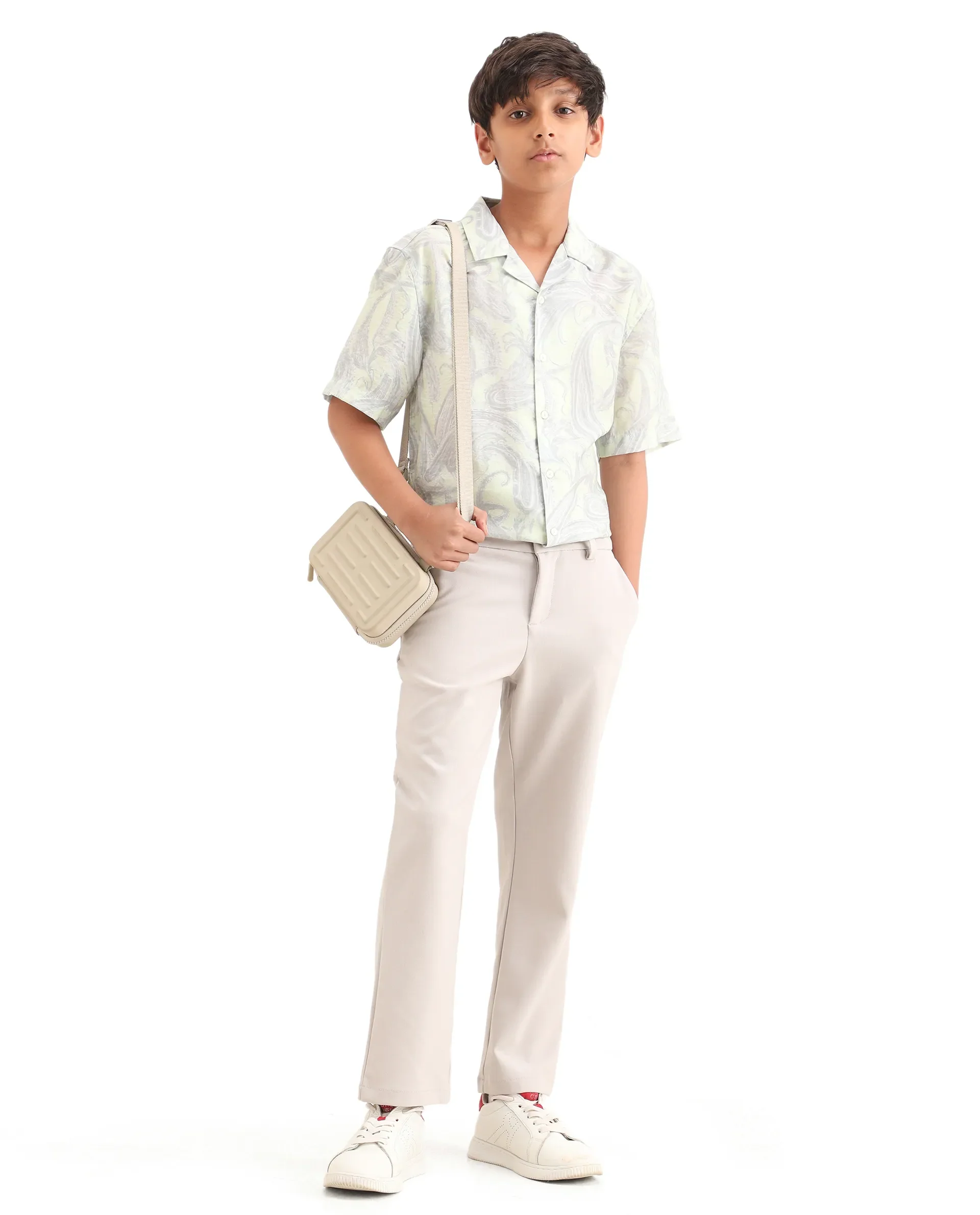 Rare Ones Kids Travo Light Beige Polyester Blend Button And Zipper Closure Plain Regular Fit Trouser