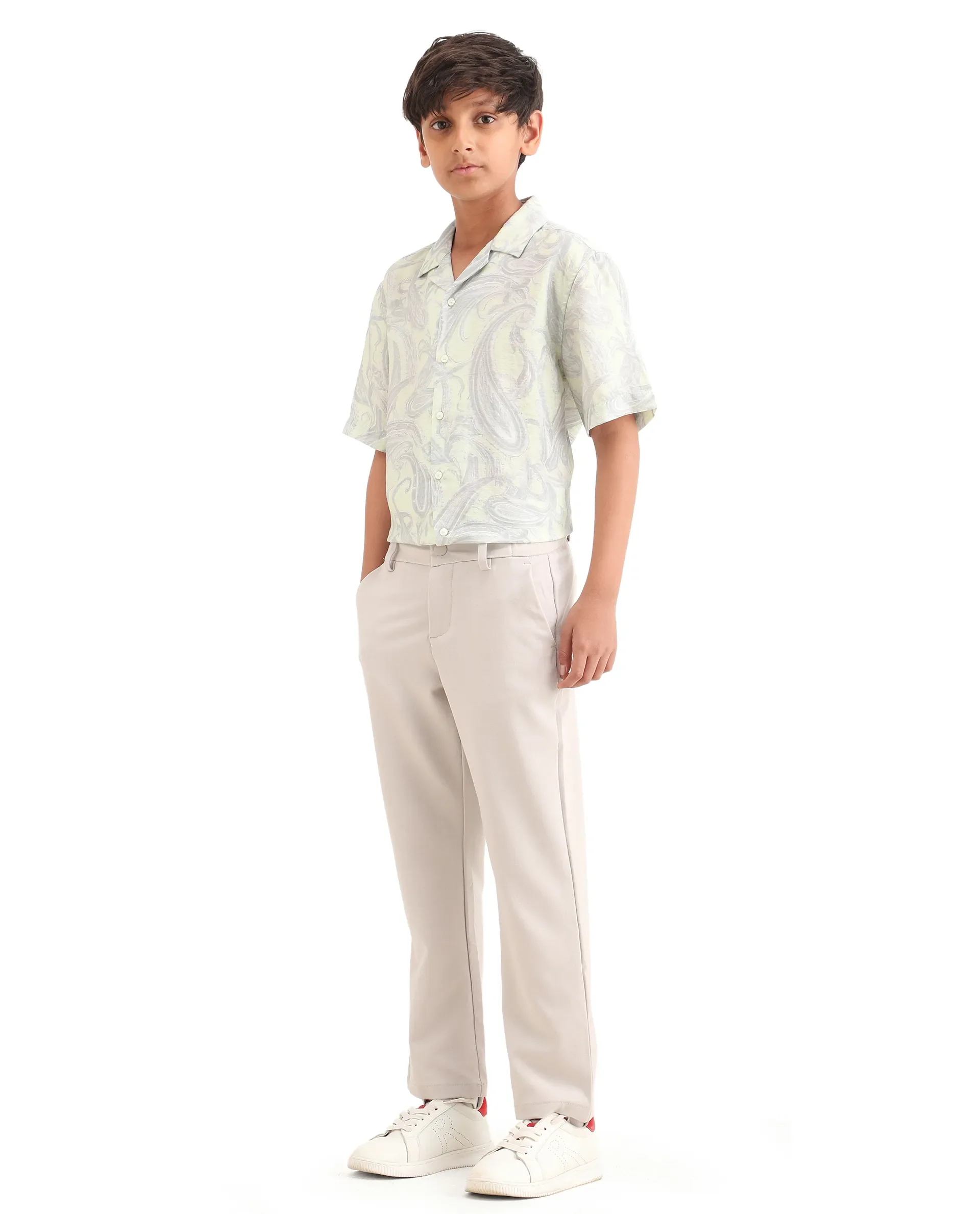 Rare Ones Kids Travo Light Beige Polyester Blend Button And Zipper Closure Plain Regular Fit Trouser - Image 5