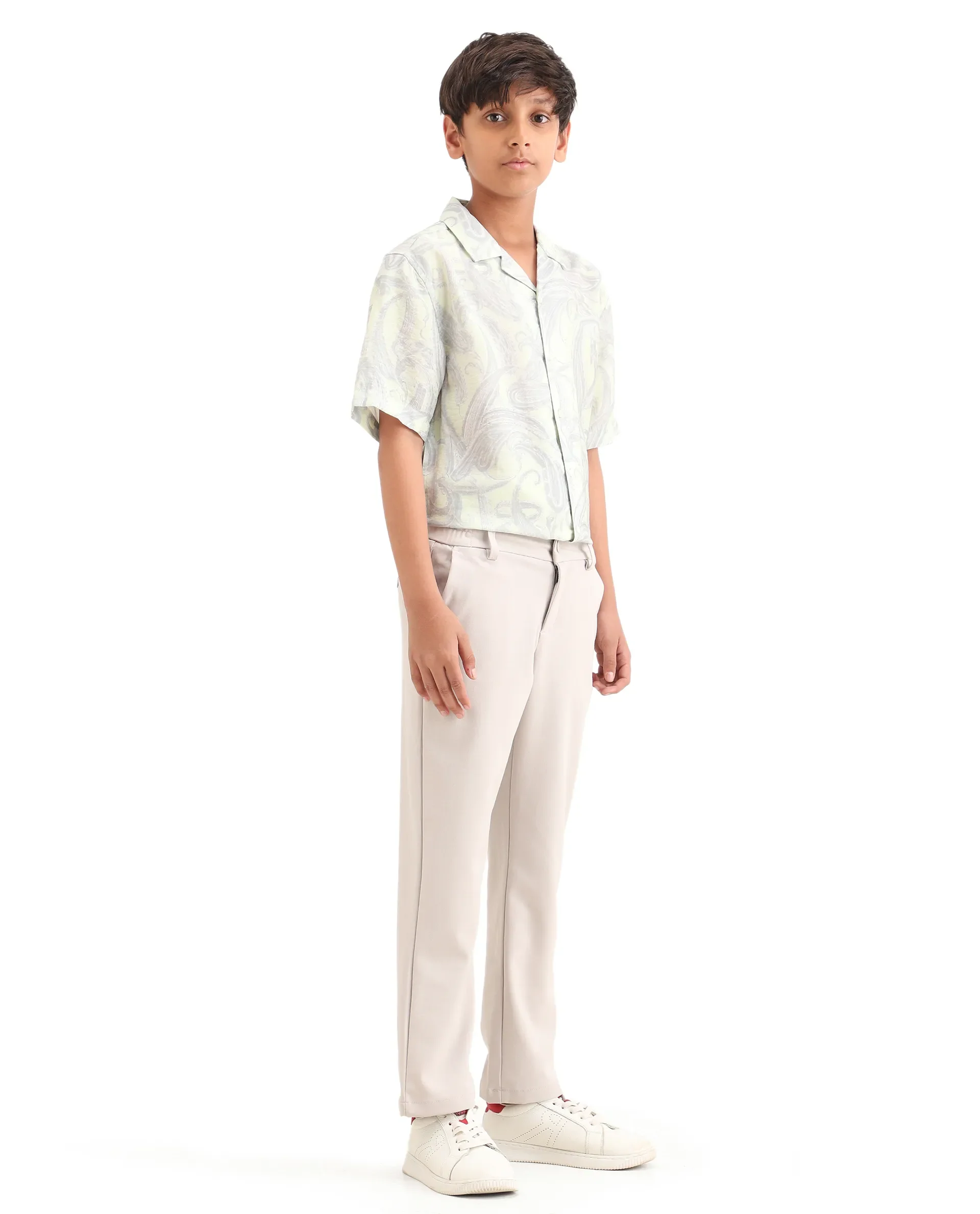Rare Ones Kids Travo Light Beige Polyester Blend Button And Zipper Closure Plain Regular Fit Trouser - Image 6