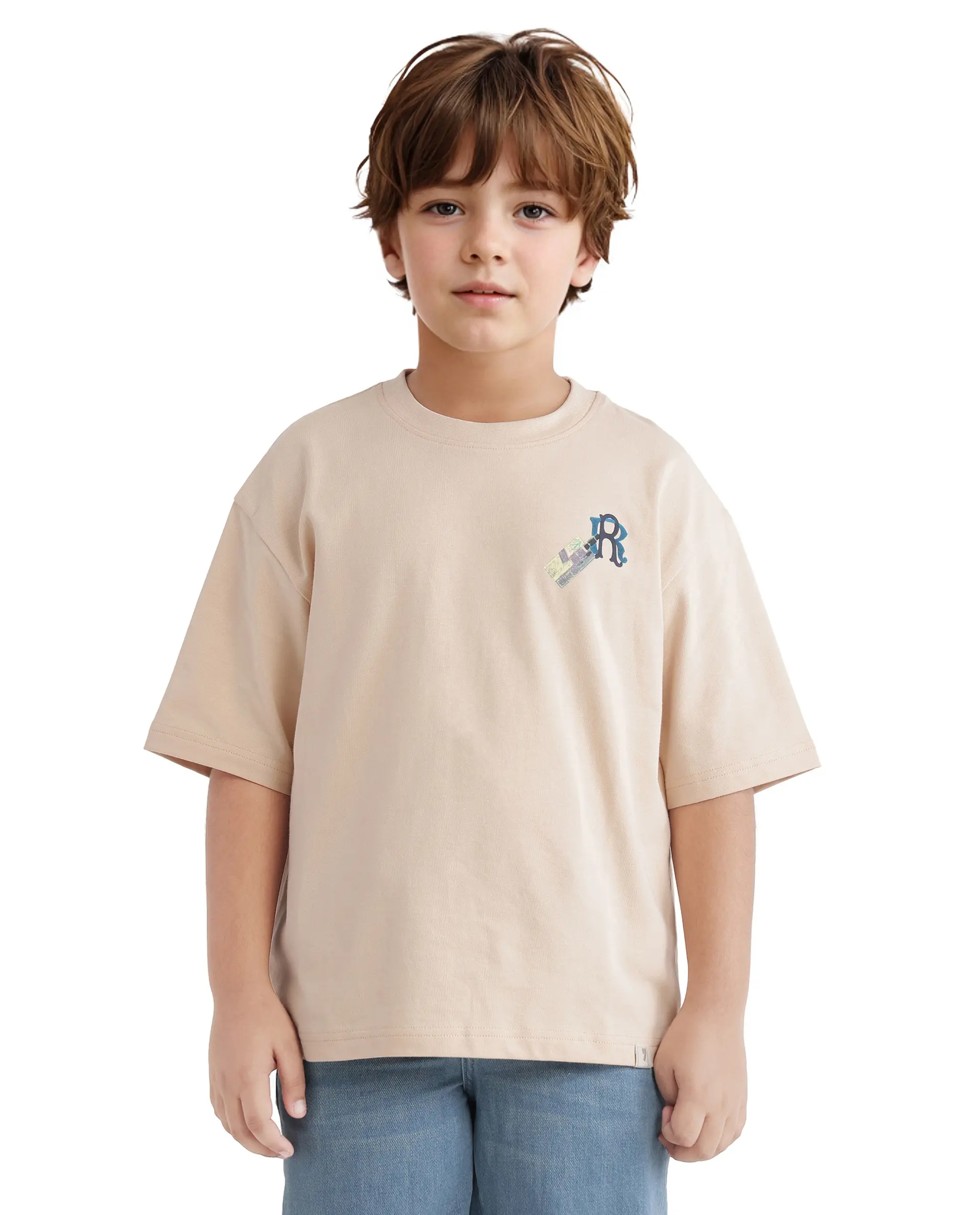 Rare Ones Kids Traw Beige Cotton Half Sleeve Crew Neck T-Shirt - Image 2