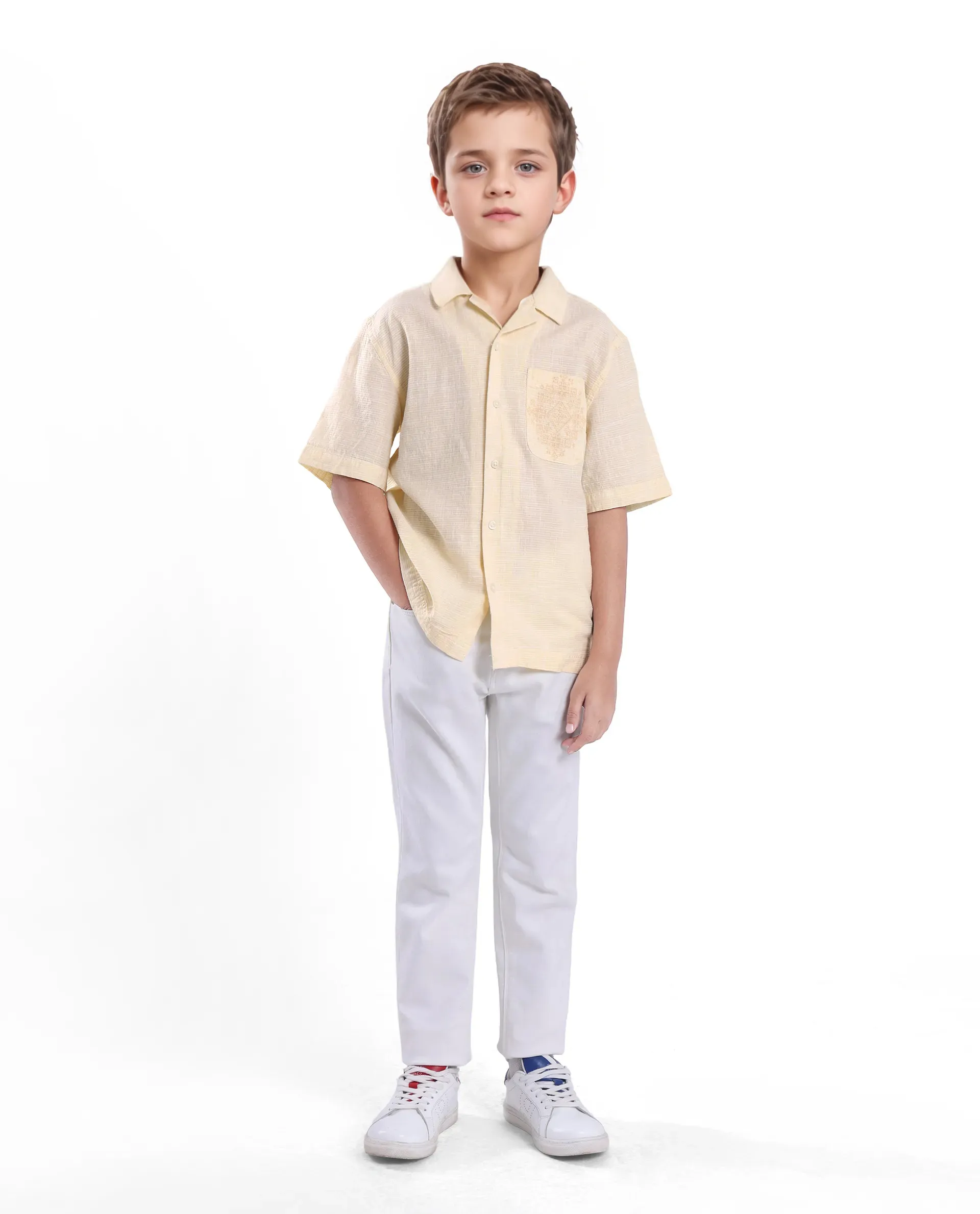 Rare Ones Kids Trok Light Yellow Cotton Half Sleeve Embroidered Button Closure Regular Fit Shirt - Image 2