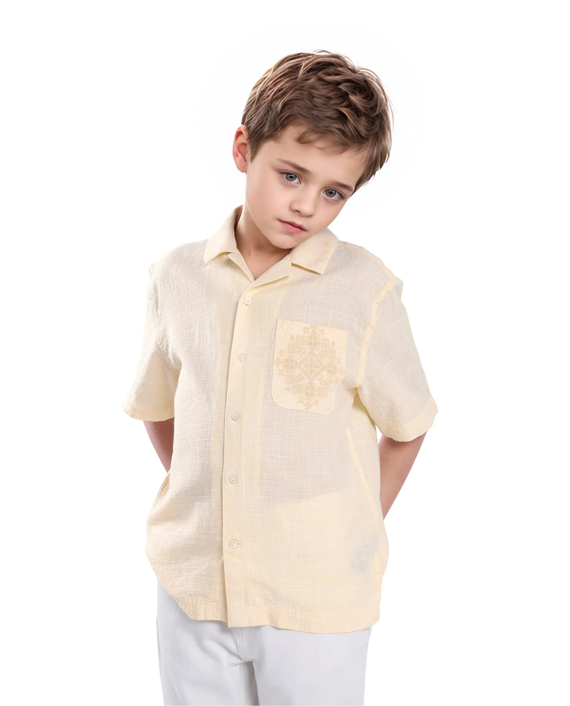Rare Ones Kids Trok Light Yellow Cotton Half Sleeve Embroidered Button Closure Regular Fit Shirt - Image 3