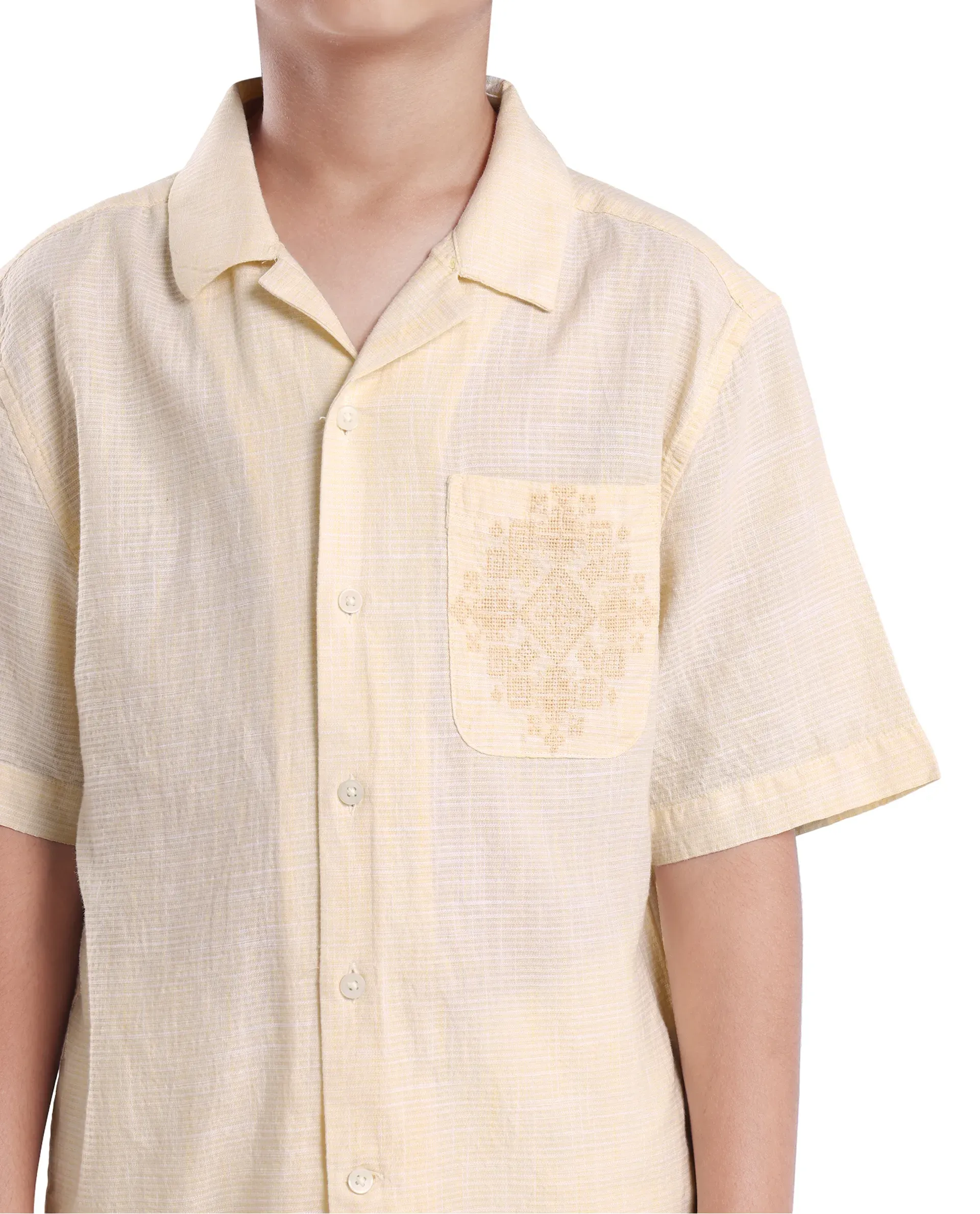Rare Ones Kids Trok Light Yellow Cotton Half Sleeve Embroidered Button Closure Regular Fit Shirt - Image 4
