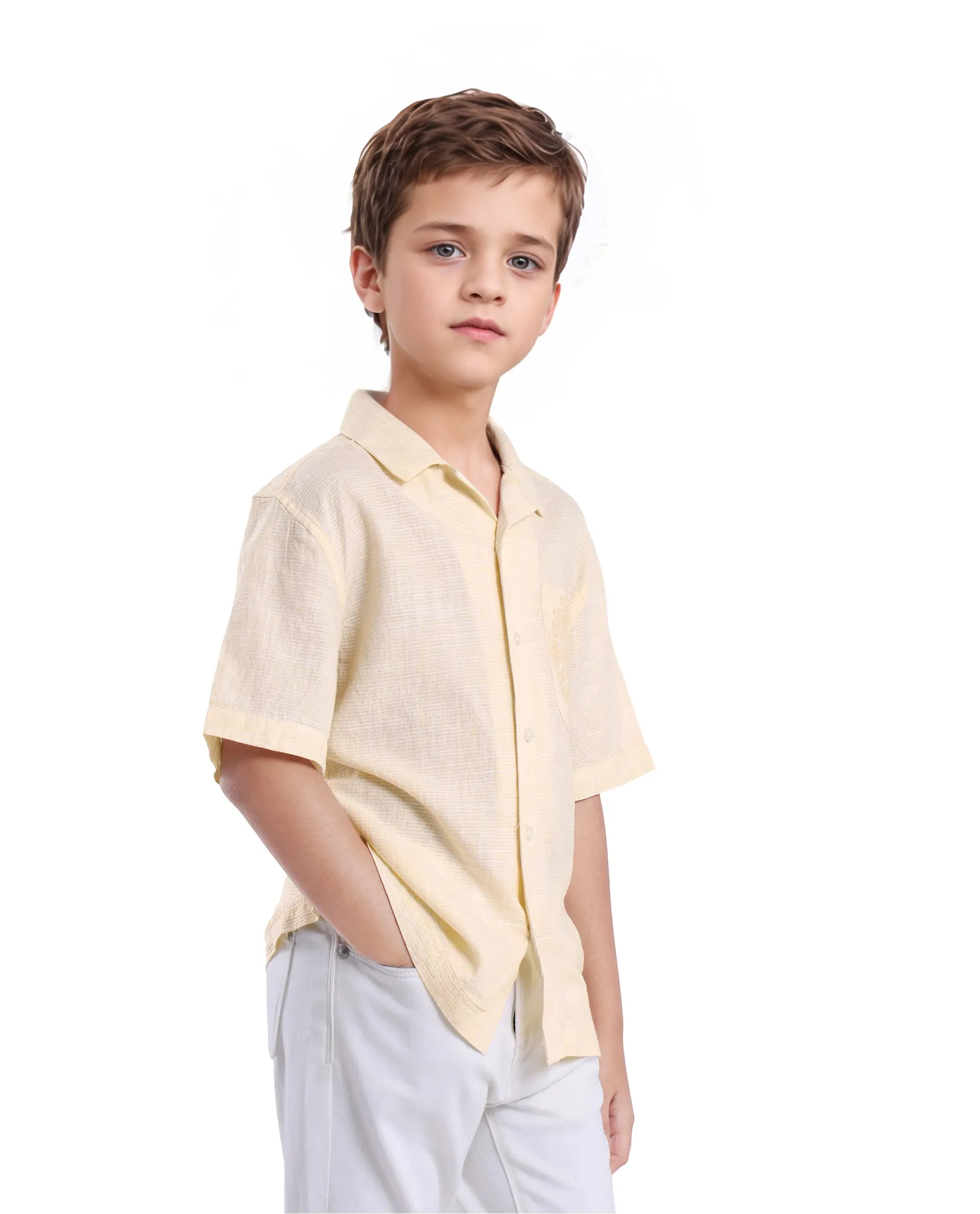 Rare Ones Kids Trok Light Yellow Cotton Half Sleeve Embroidered Button Closure Regular Fit Shirt - Image 5