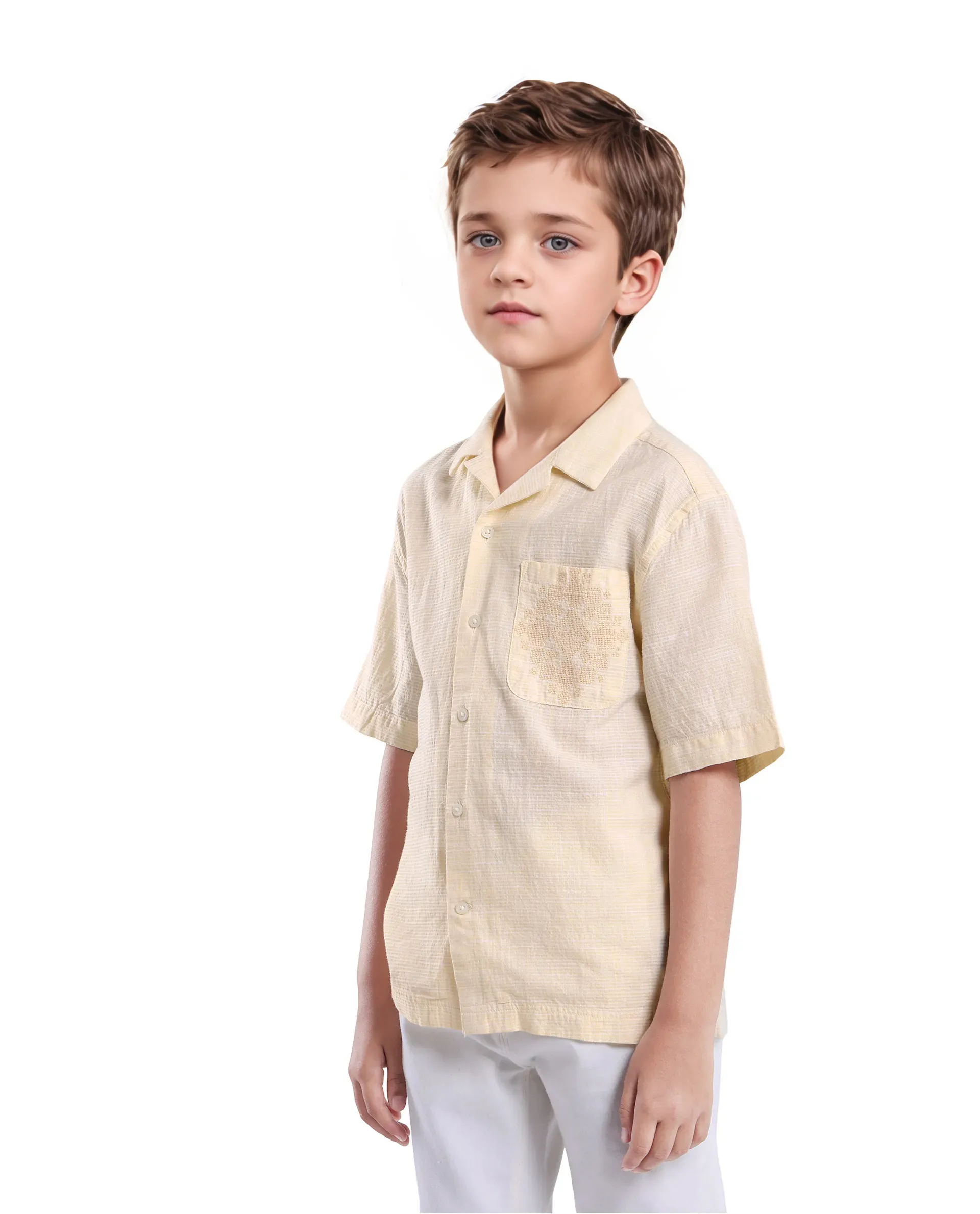 Rare Ones Kids Trok Light Yellow Cotton Half Sleeve Embroidered Button Closure Regular Fit Shirt - Image 6