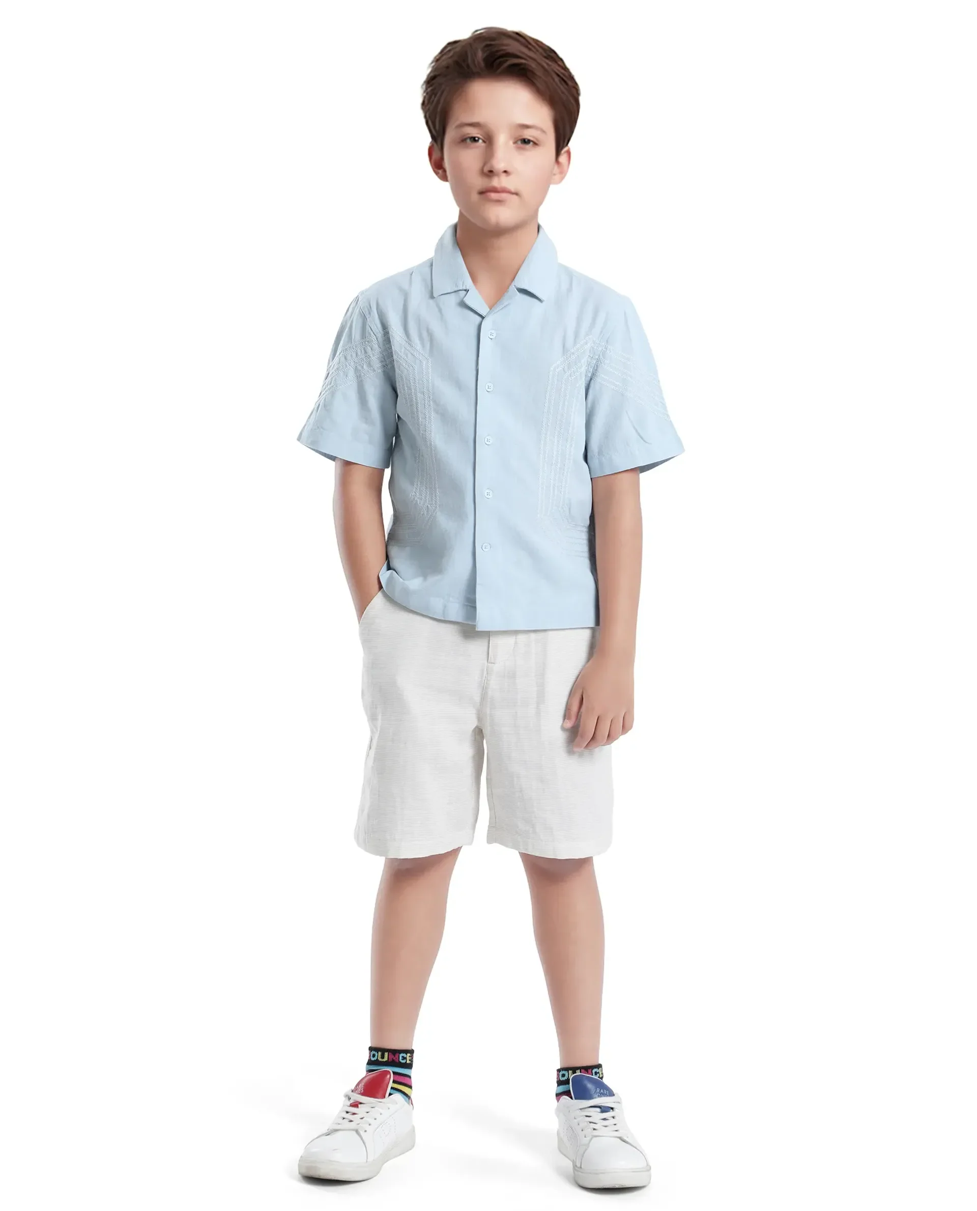 Rare Ones Kids Uno Blue Cotton Blend Half Sleeve Solid Button Closure Regular Fit Shirt - Image 2