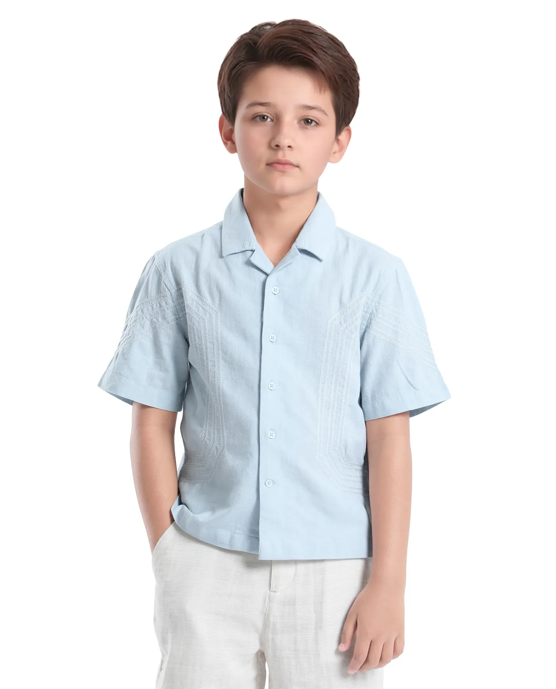 Rare Ones Kids Uno Blue Cotton Blend Half Sleeve Solid Button Closure Regular Fit Shirt - Image 3