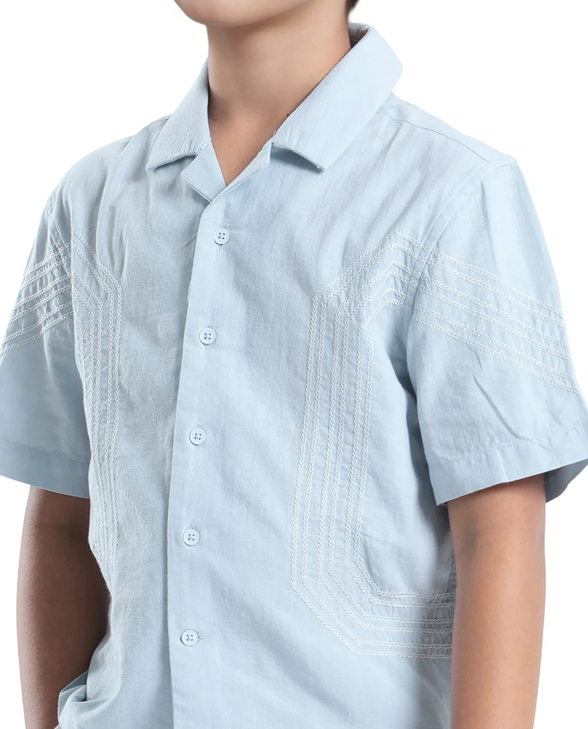 Rare Ones Kids Uno Blue Cotton Blend Half Sleeve Solid Button Closure Regular Fit Shirt - Image 4