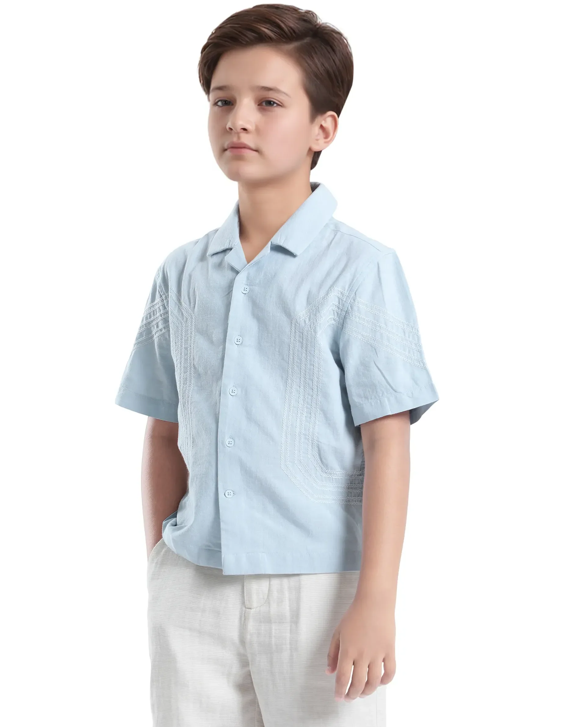 Rare Ones Kids Uno Blue Cotton Blend Half Sleeve Solid Button Closure Regular Fit Shirt - Image 5