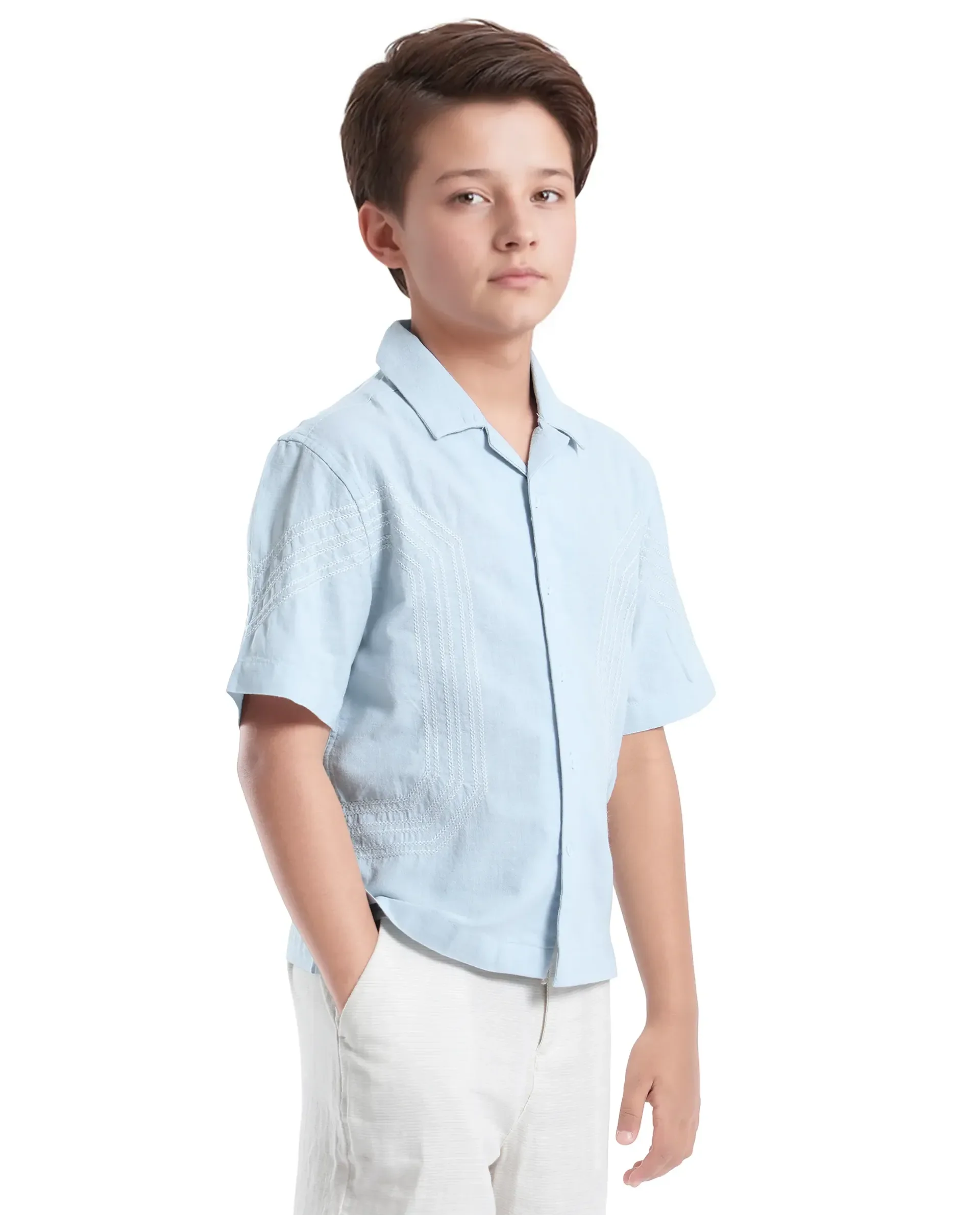 Rare Ones Kids Uno Blue Cotton Blend Half Sleeve Solid Button Closure Regular Fit Shirt - Image 6