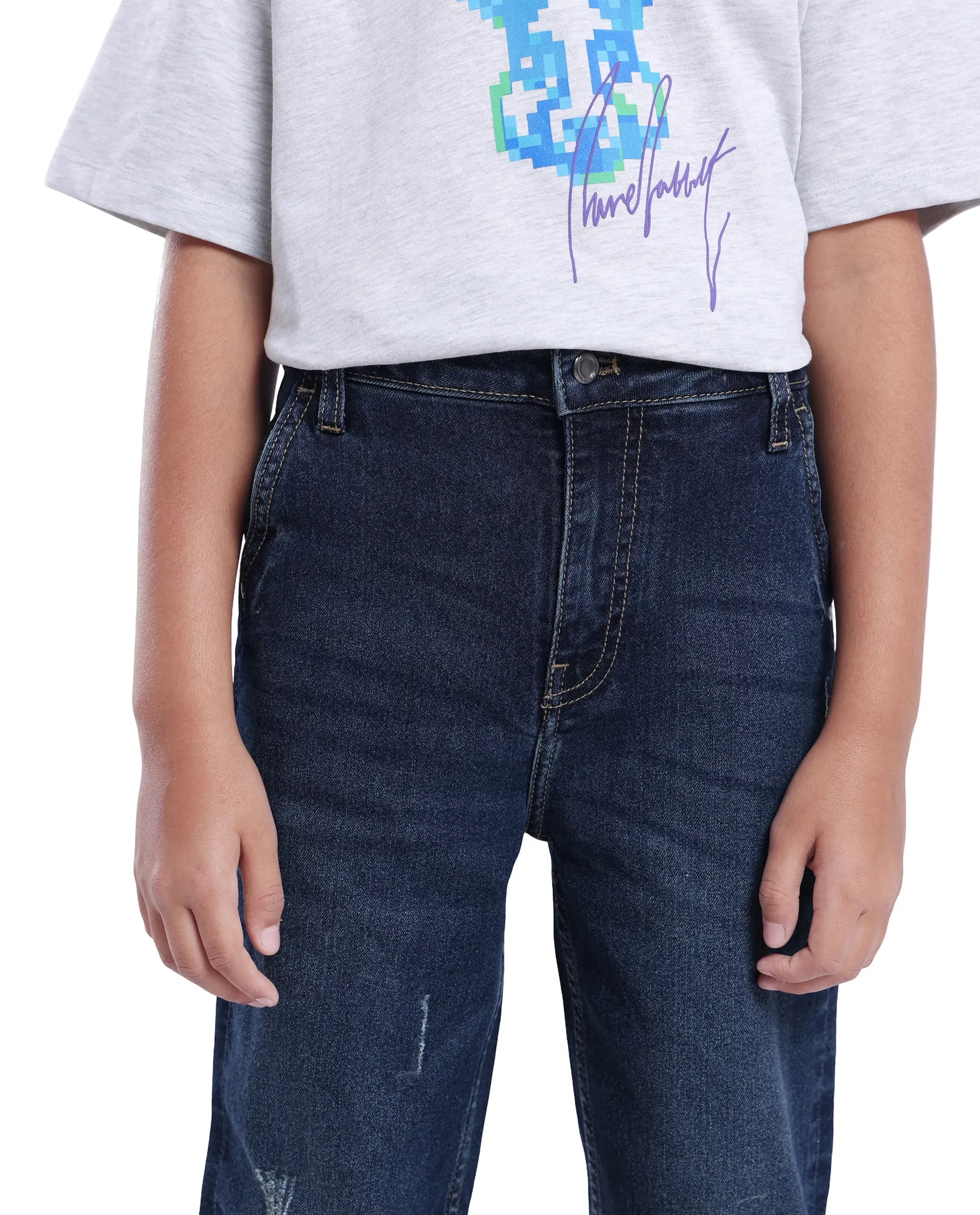 Rare Ones Kids Vail Dark Blue Cotton Solid Button And Zip Closure Wide Leg Fit Jeans - Image 2