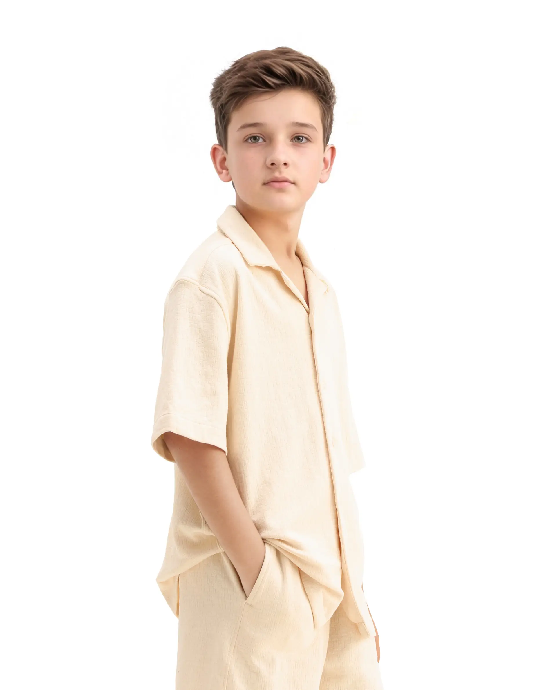 Rare Ones Kids Vask Beige Cotton Solid Button Closure Regular Fit Shirt - Image 4
