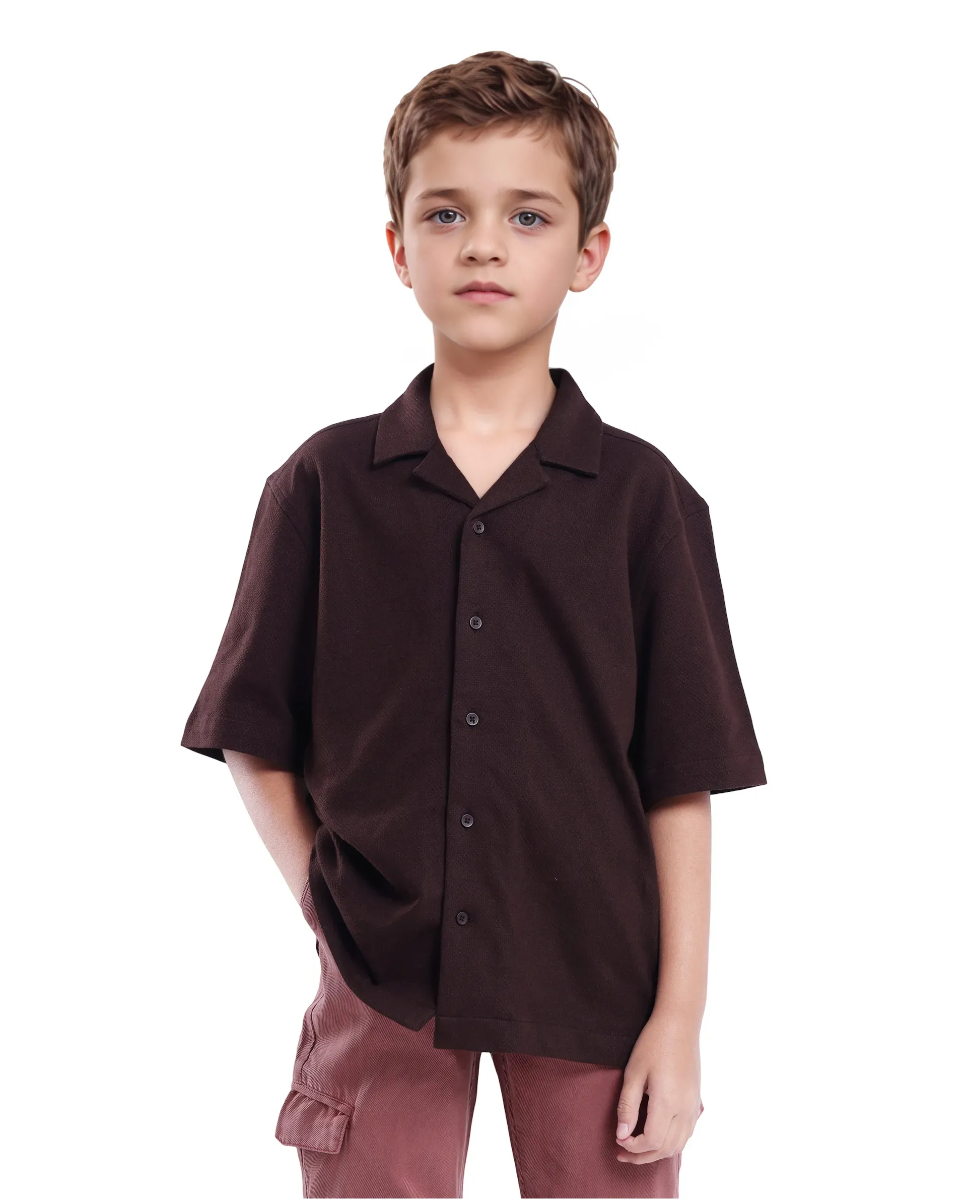 Rare Ones Kids Veno-S Brown Cotton Half Sleeve Button Solid Regular Fit Shirt - Image 4