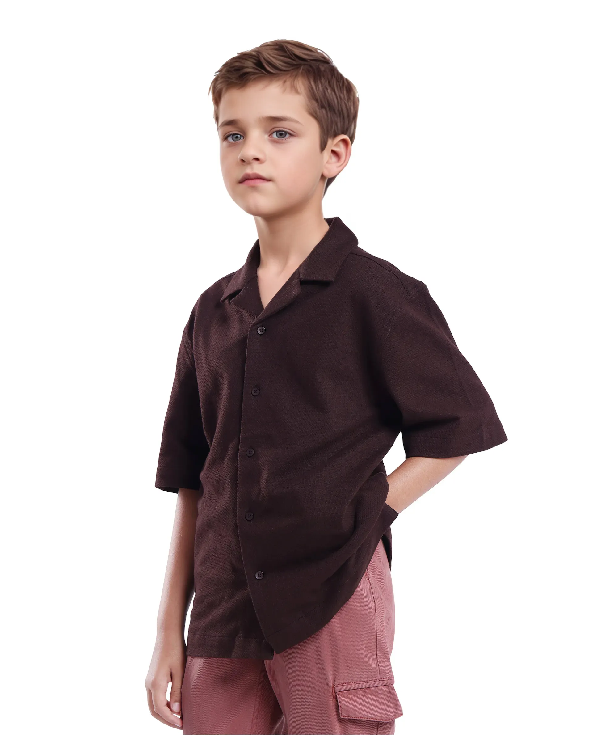 Rare Ones Kids Veno-S Brown Cotton Half Sleeve Button Solid Regular Fit Shirt - Image 5
