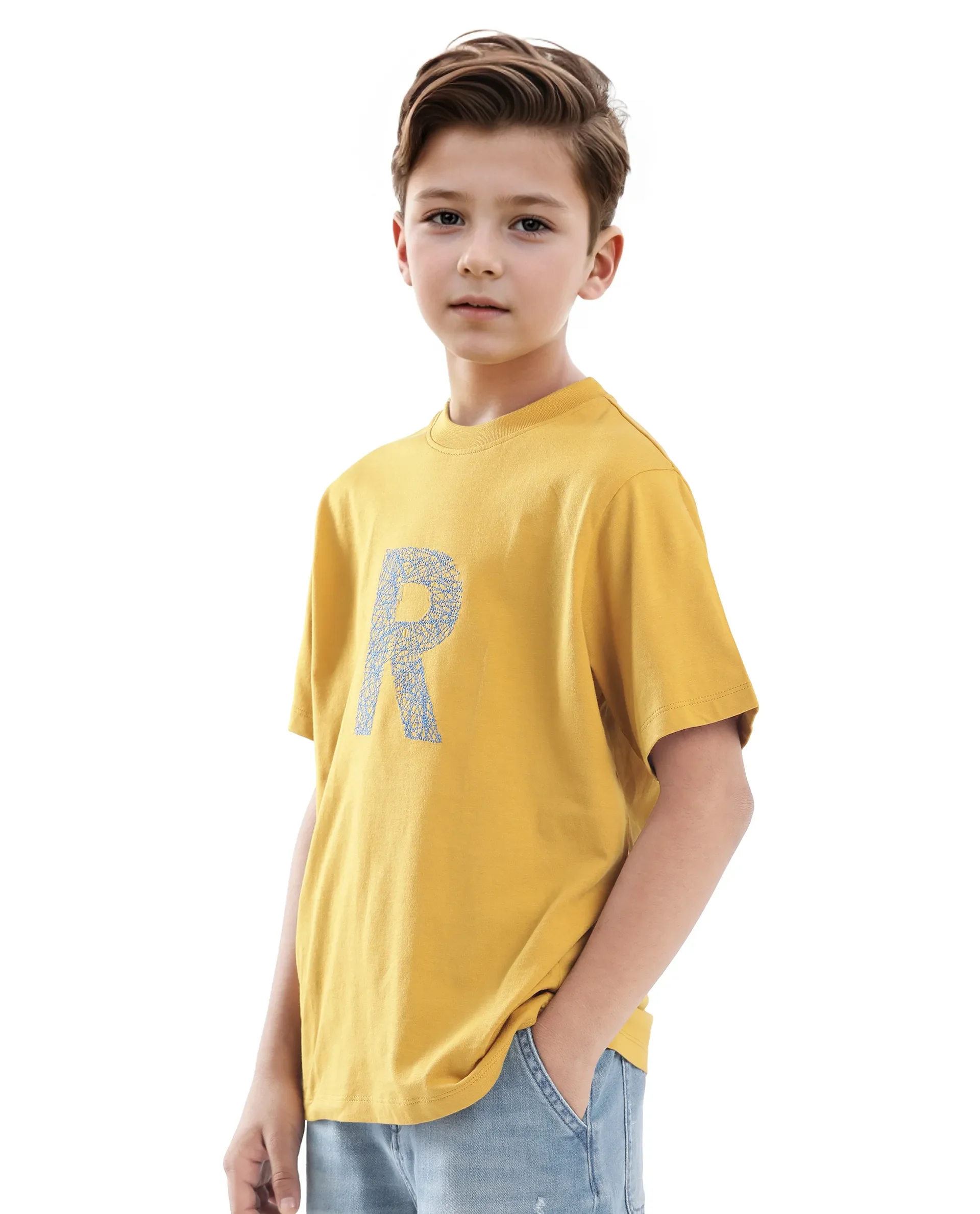 Rare Ones Kids Vexi-K Dark Yellow Cotton Embroidered Slip-On Regular Fit T-Shirt - Image 5