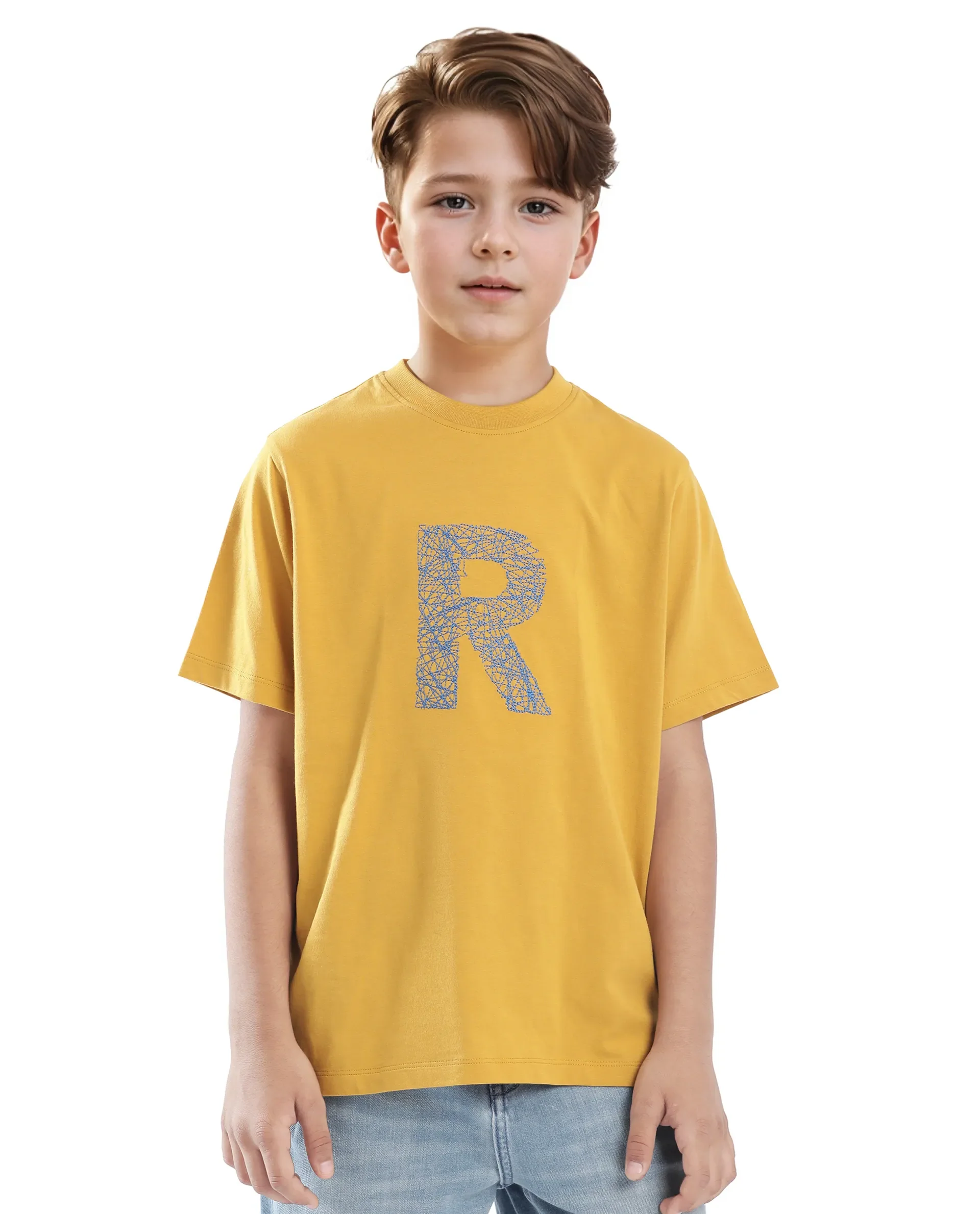 Rare Ones Kids Vexi-K Dark Yellow Cotton Embroidered Slip-On Regular Fit T-Shirt - Image 7
