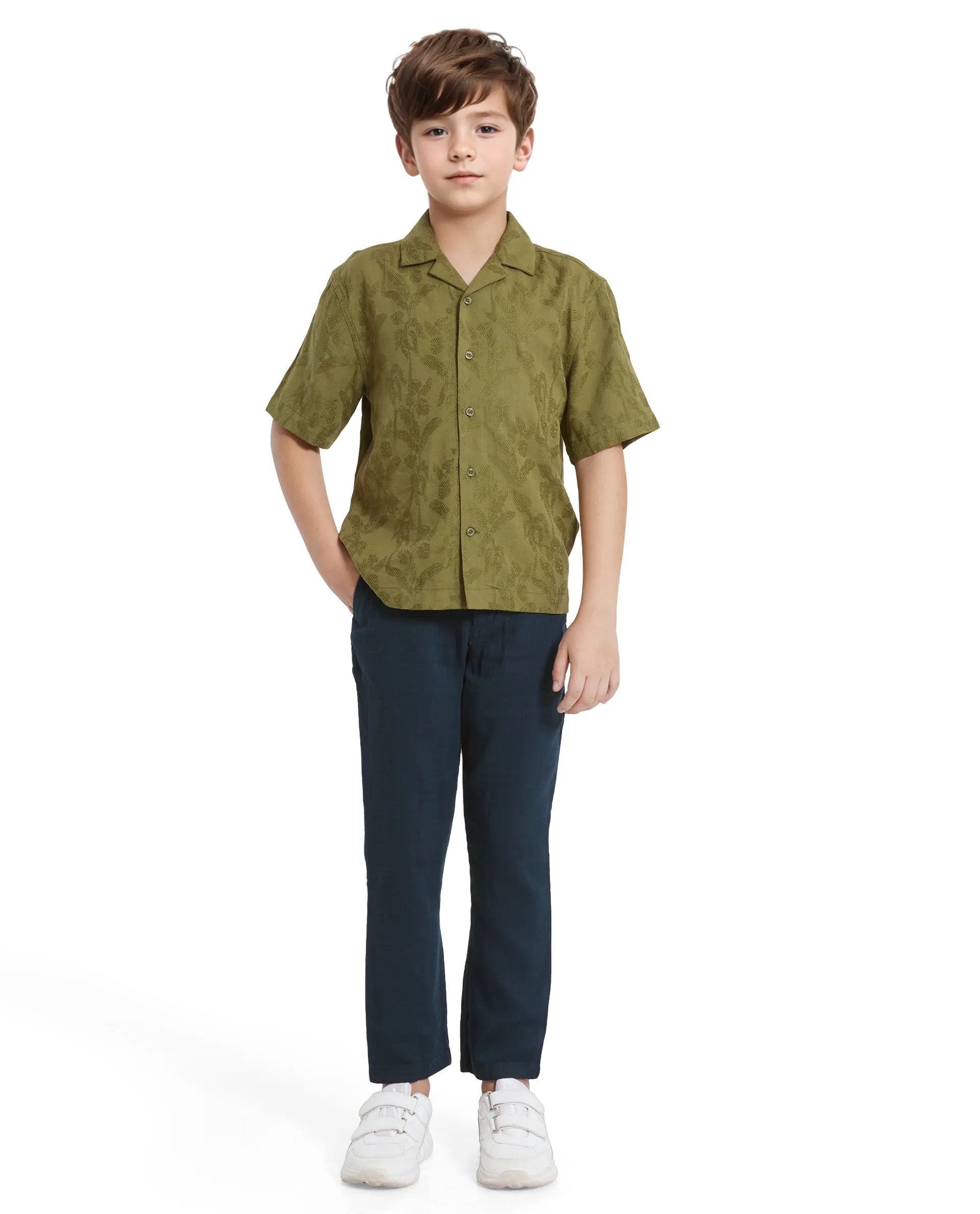 Rare Ones Kids Xylo Olive Cotton Blend Half Sleeve Jacquard Boxy Fit Shirt - Image 2