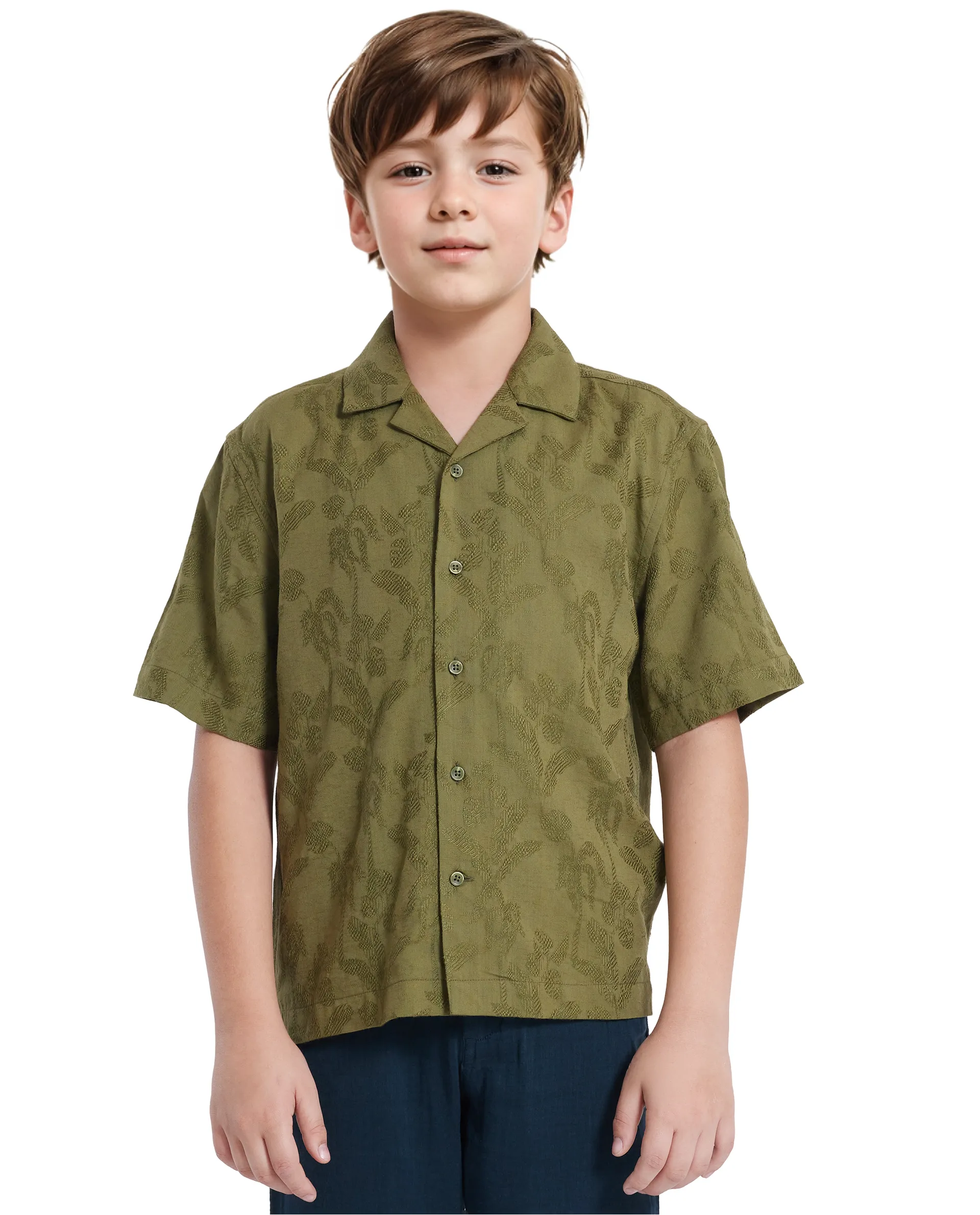 Rare Ones Kids Xylo Olive Cotton Blend Half Sleeve Jacquard Boxy Fit Shirt - Image 3