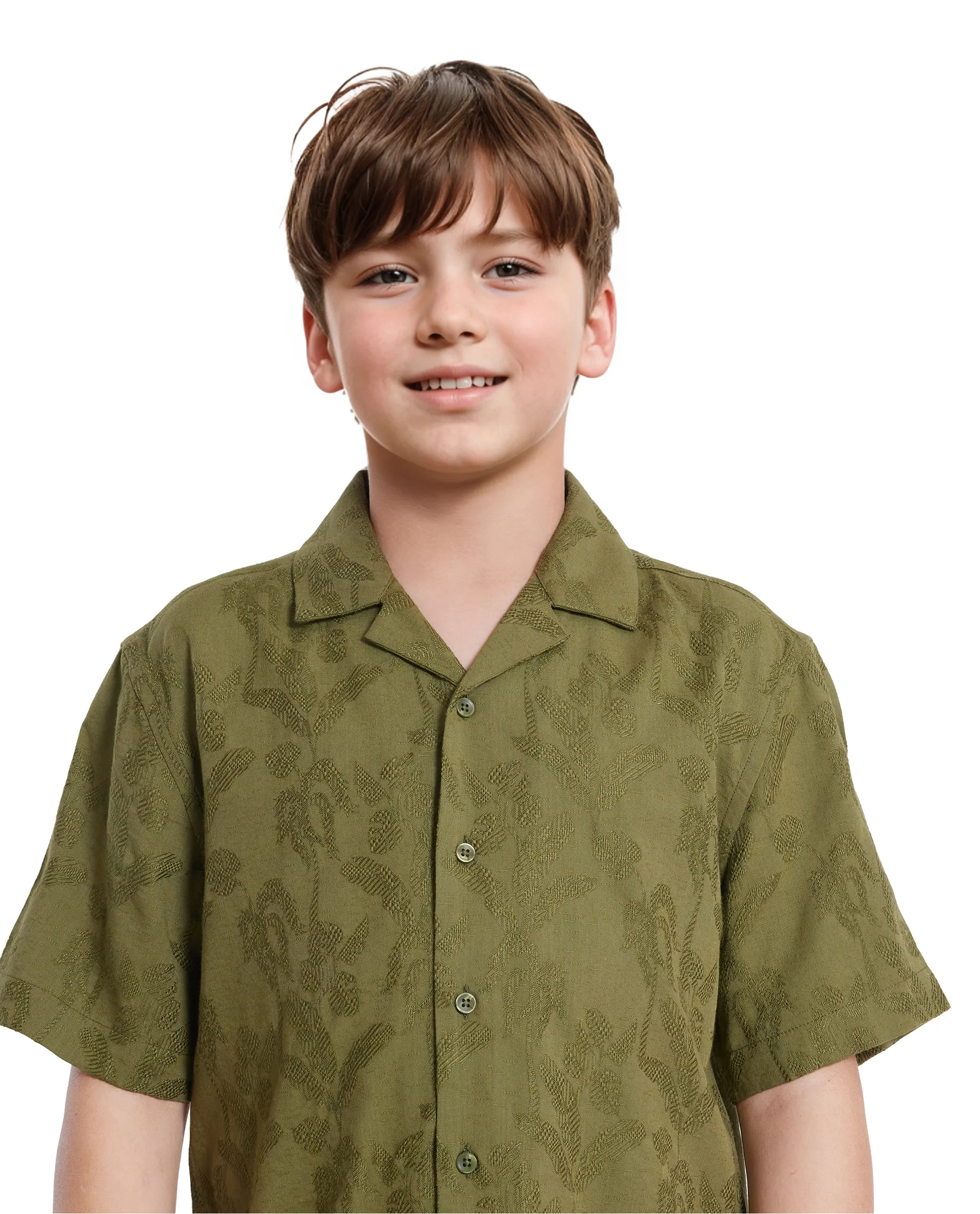 Rare Ones Kids Xylo Olive Cotton Blend Half Sleeve Jacquard Boxy Fit Shirt - Image 4