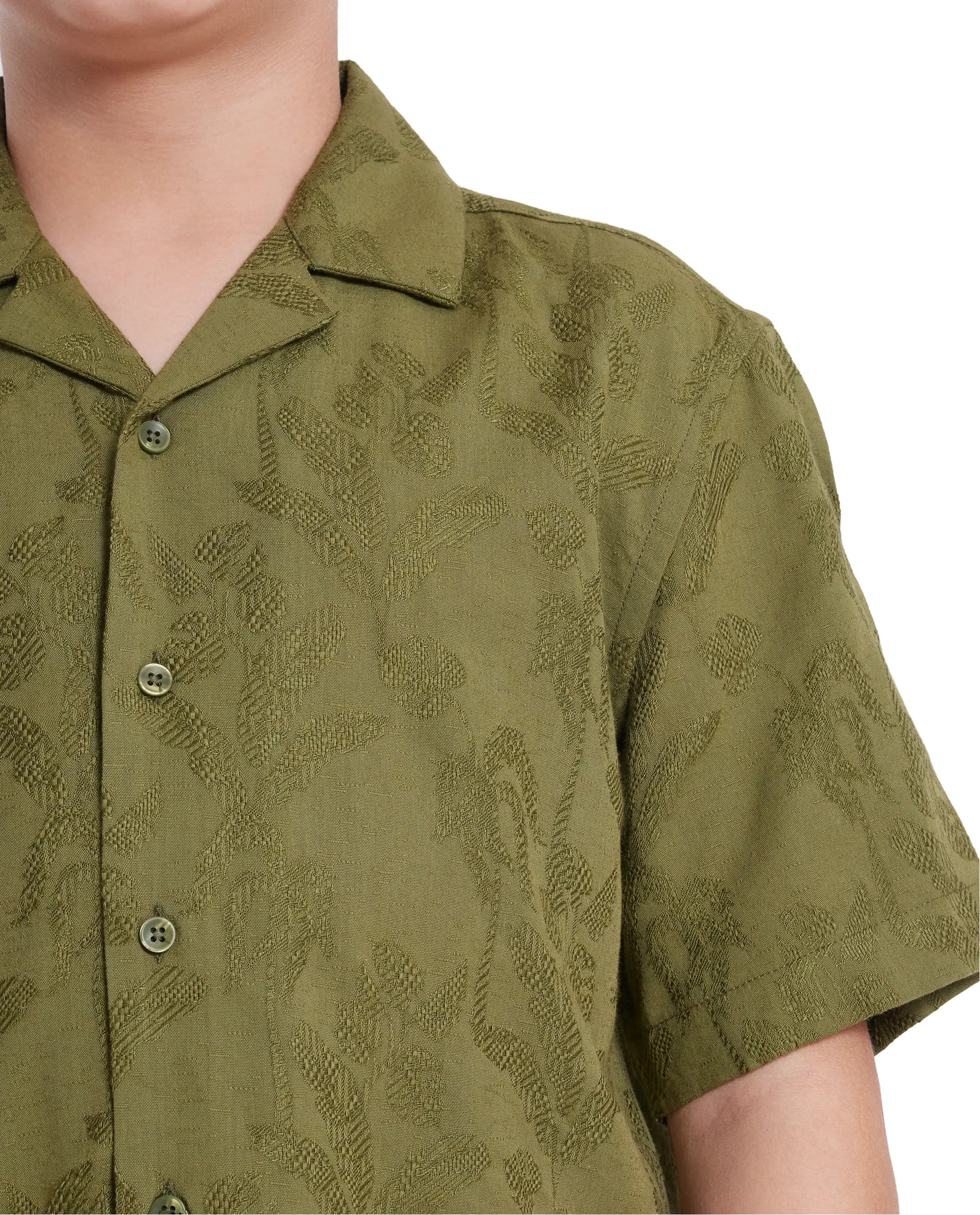 Rare Ones Kids Xylo Olive Cotton Blend Half Sleeve Jacquard Boxy Fit Shirt - Image 5