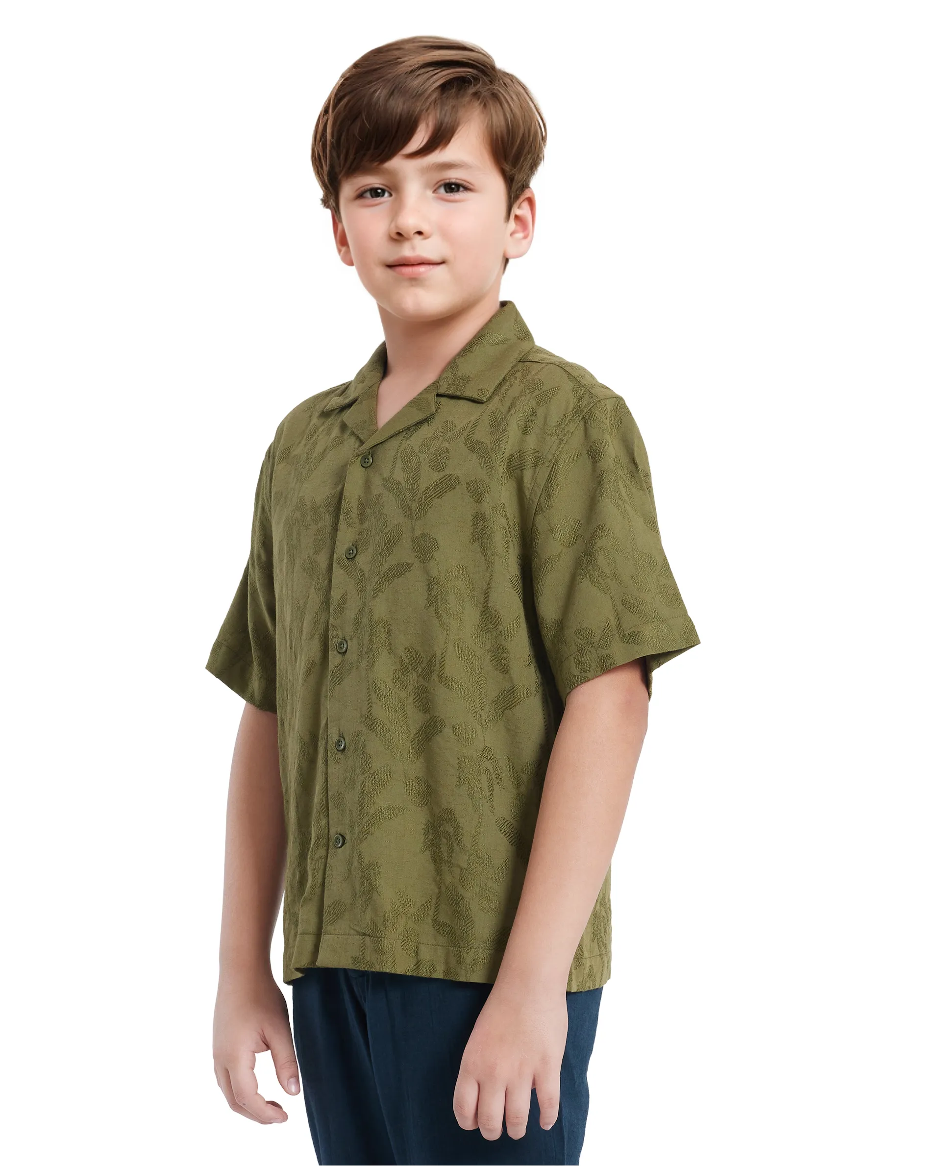 Rare Ones Kids Xylo Olive Cotton Blend Half Sleeve Jacquard Boxy Fit Shirt - Image 6