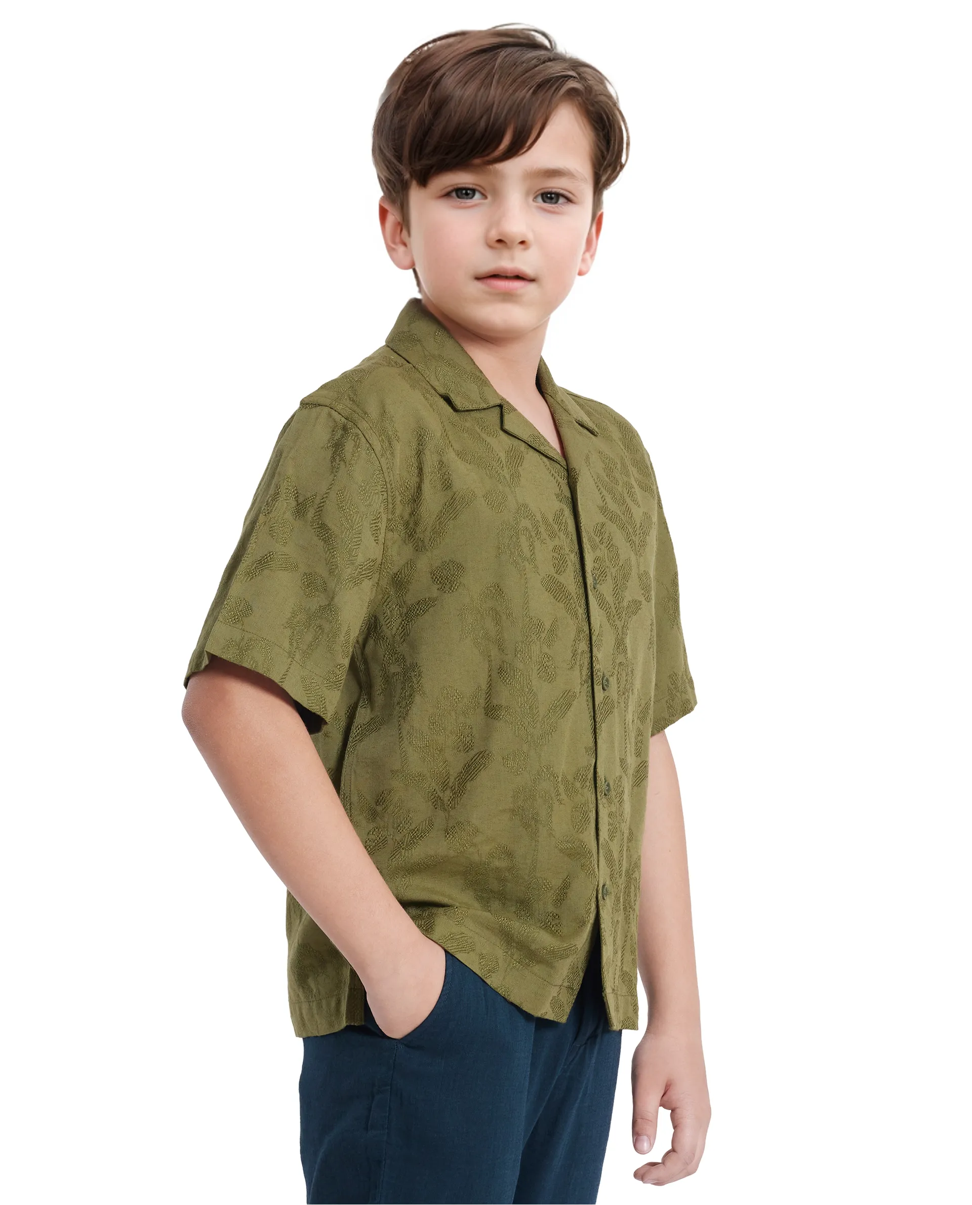 Rare Ones Kids Xylo Olive Cotton Blend Half Sleeve Jacquard Boxy Fit Shirt - Image 7