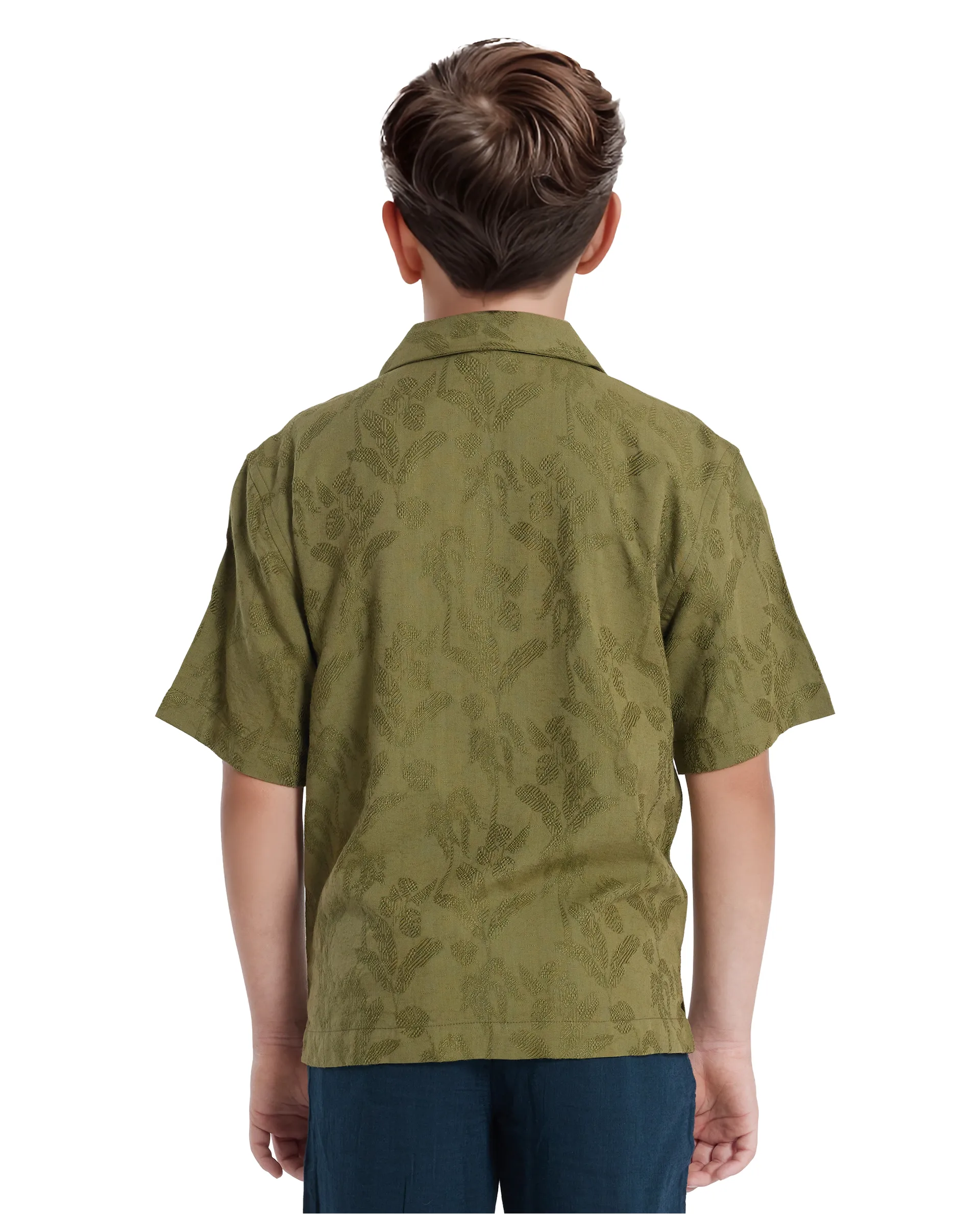 Rare Ones Kids Xylo Olive Cotton Blend Half Sleeve Jacquard Boxy Fit Shirt - Image 8