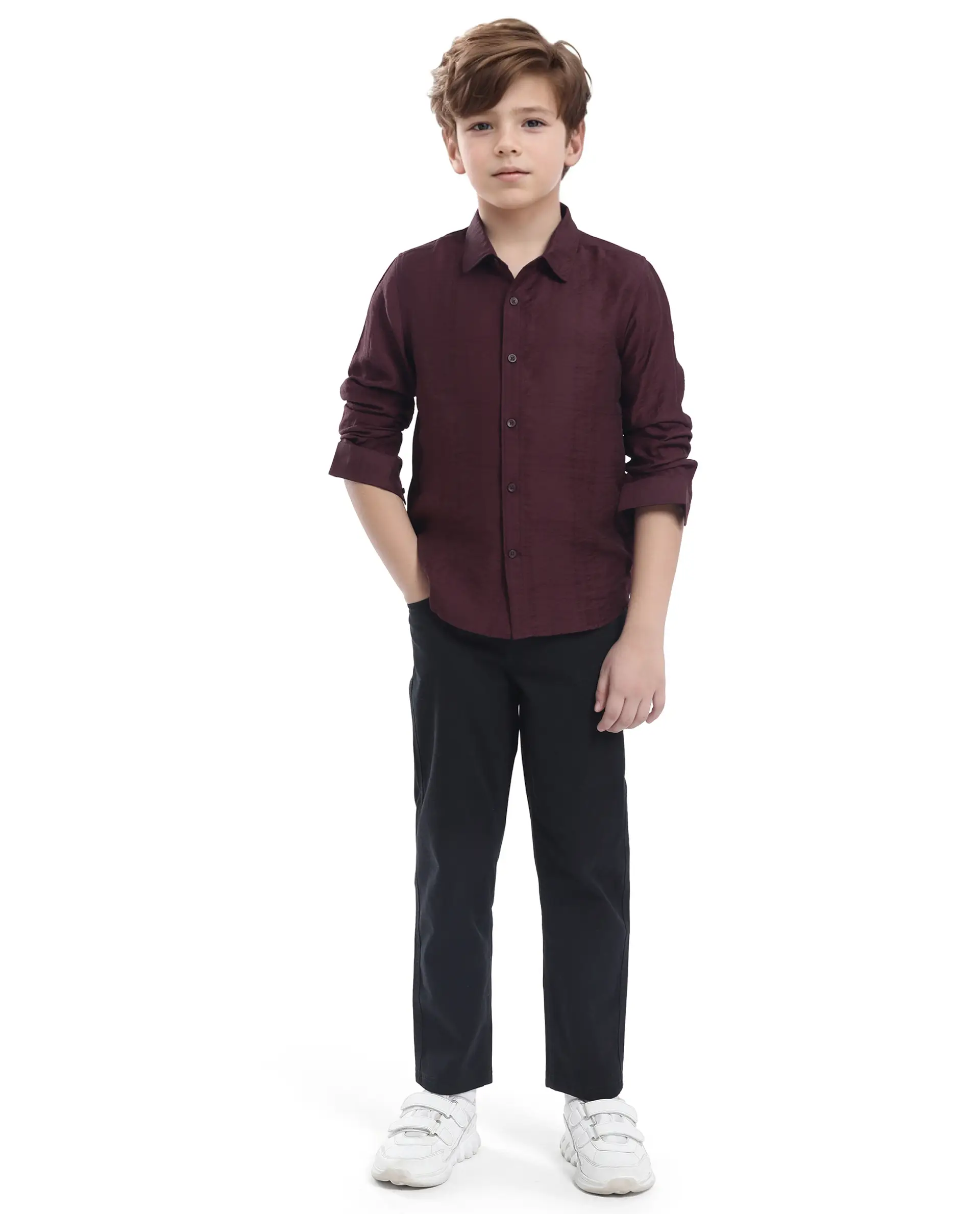 Rare Ones Kids Yard Maroon Viscose Blend Full Sleeve Button Solid Regular Fit Shirt - Image 2