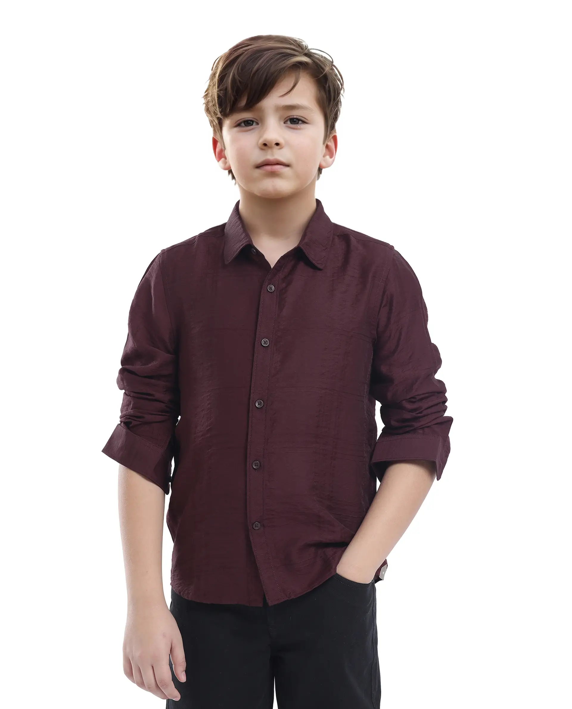 Rare Ones Kids Yard Maroon Viscose Blend Full Sleeve Button Solid Regular Fit Shirt - Image 5