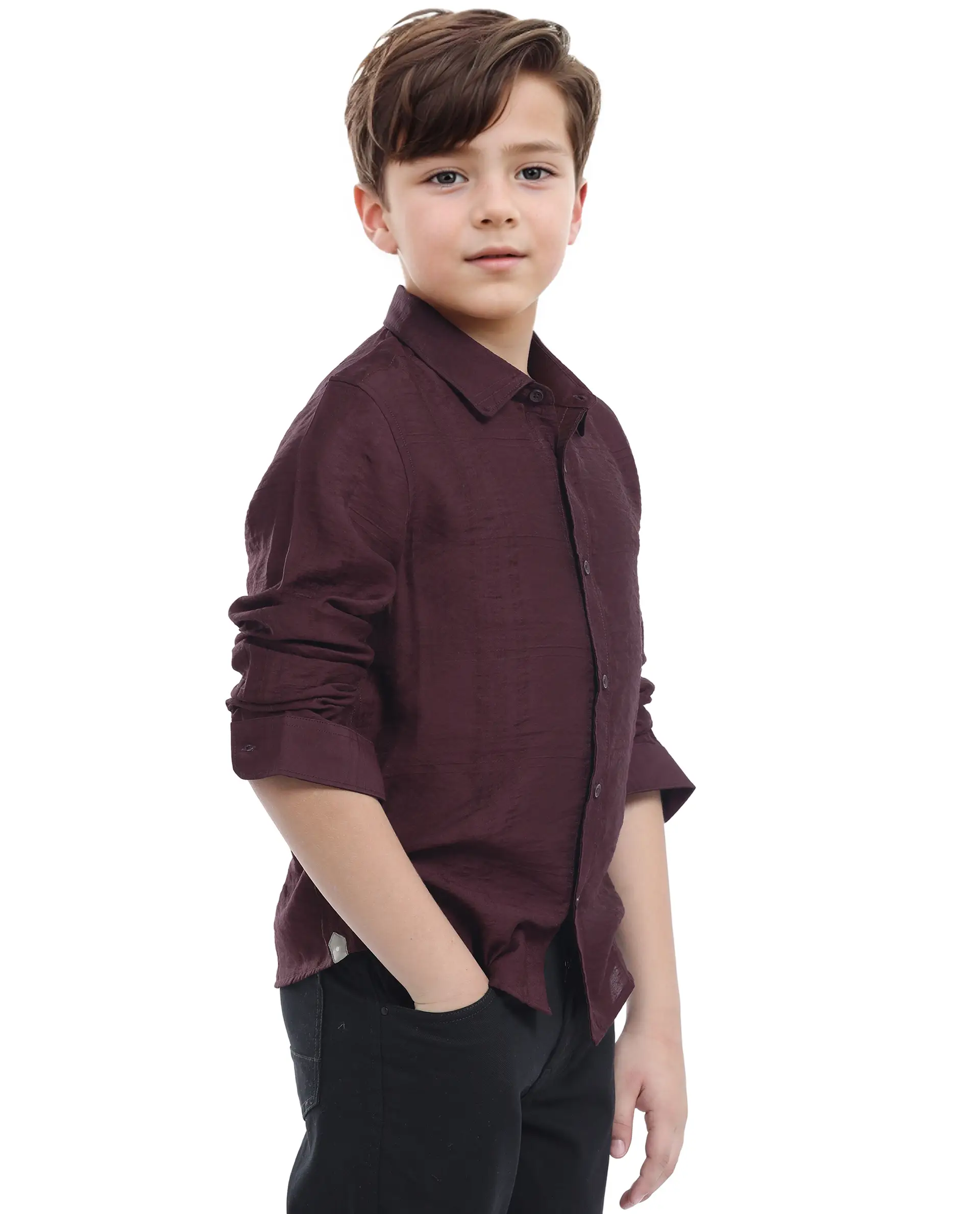 Rare Ones Kids Yard Maroon Viscose Blend Full Sleeve Button Solid Regular Fit Shirt - Image 7