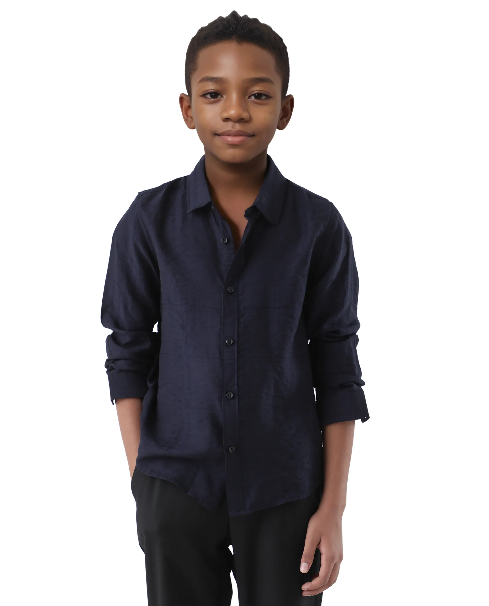 Rare Ones Kids Yard Navy Viscose Blend Full Sleeve Button Solid Regular Fit Shirt - Image 2