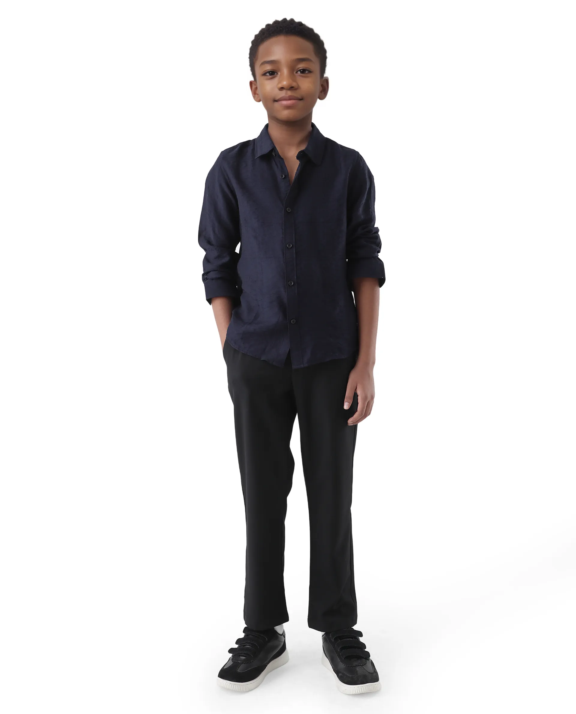 Rare Ones Kids Yard Navy Viscose Blend Full Sleeve Button Solid Regular Fit Shirt - Image 3