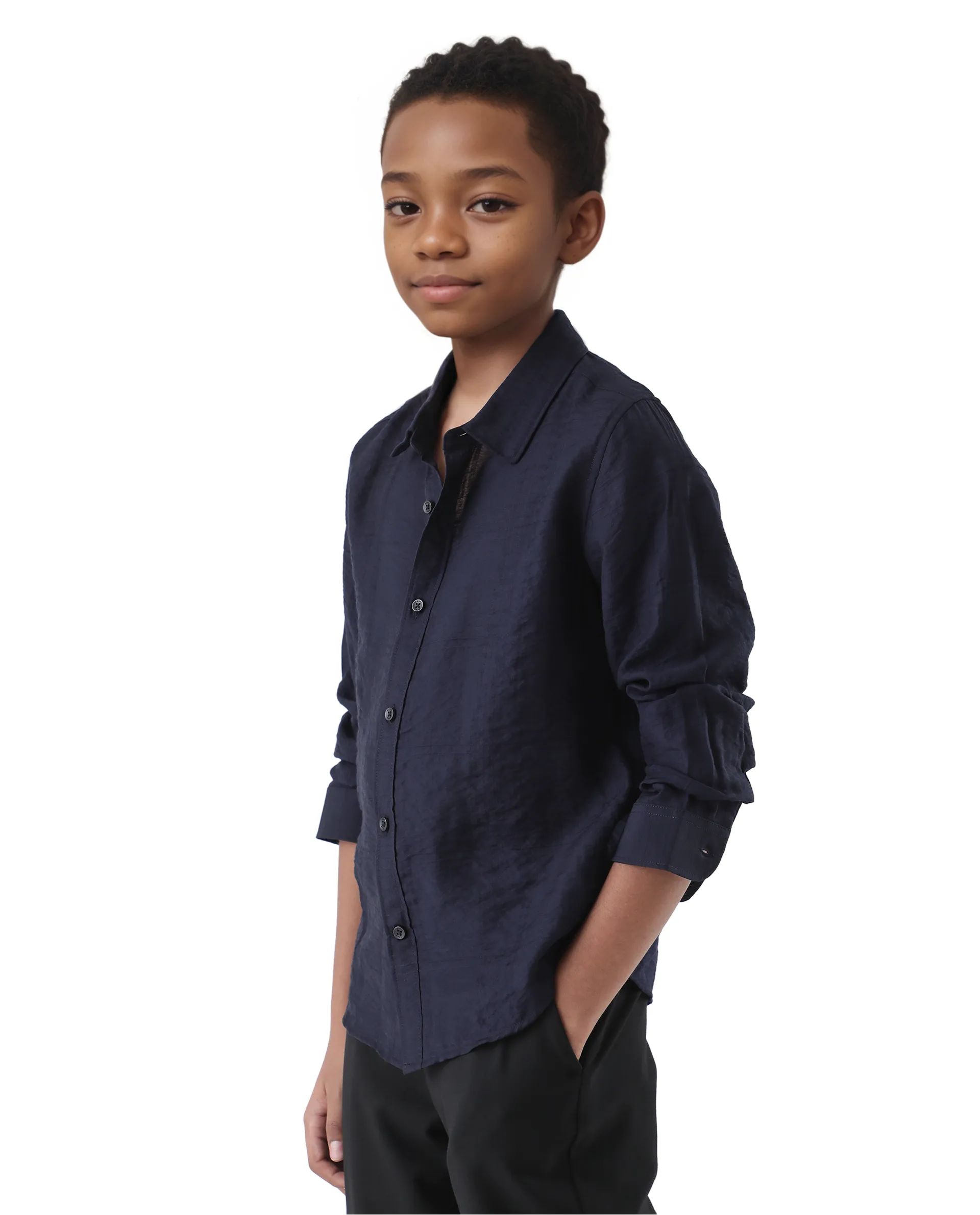 Rare Ones Kids Yard Navy Viscose Blend Full Sleeve Button Solid Regular Fit Shirt - Image 6
