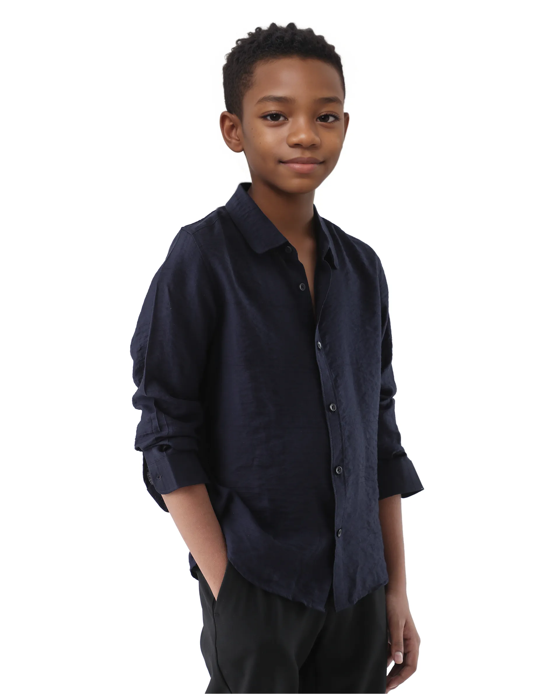 Rare Ones Kids Yard Navy Viscose Blend Full Sleeve Button Solid Regular Fit Shirt - Image 7
