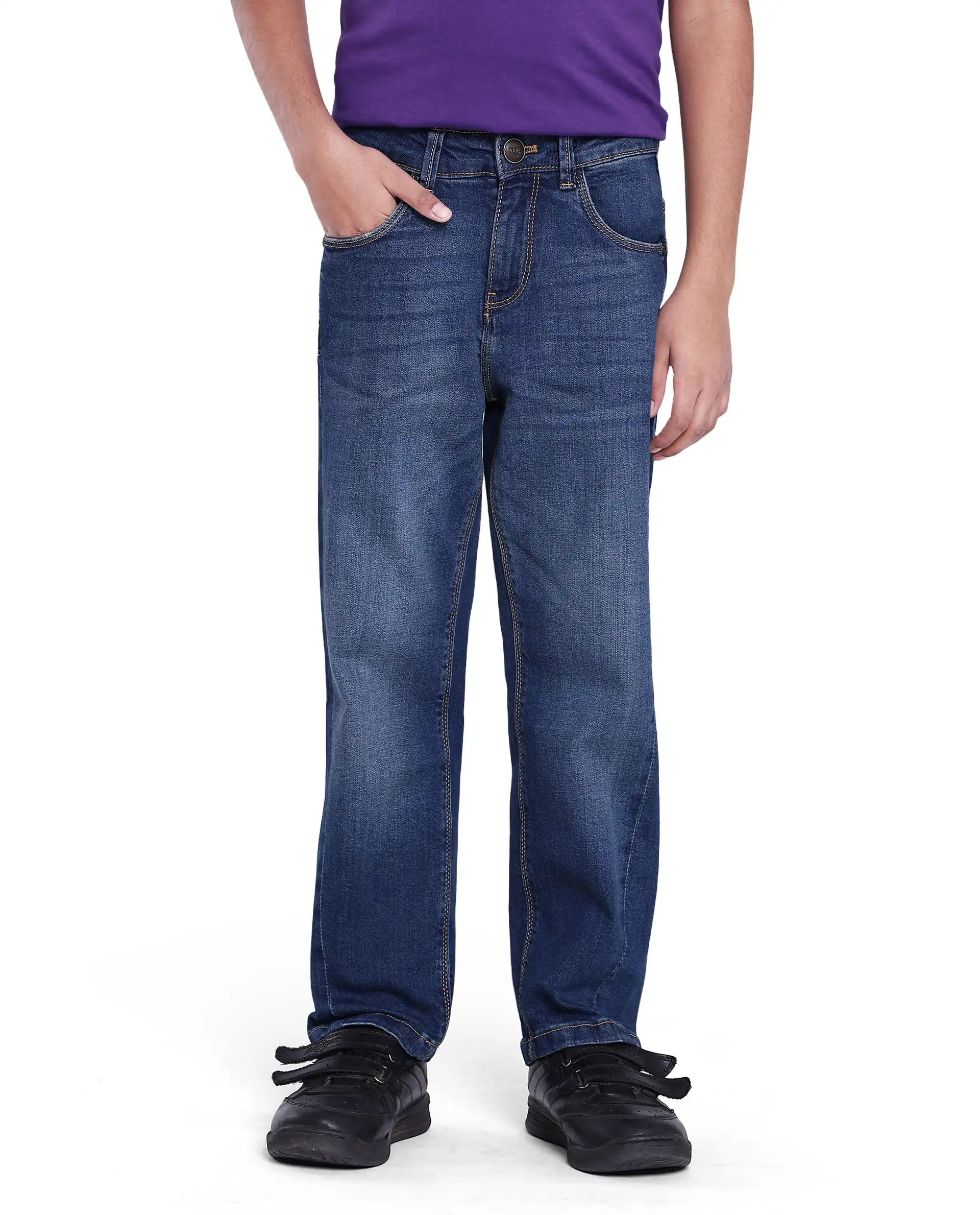 Rare Ones Kids Yosh Blue Cotton Relax Fit Solid Denim Pant - Image 2