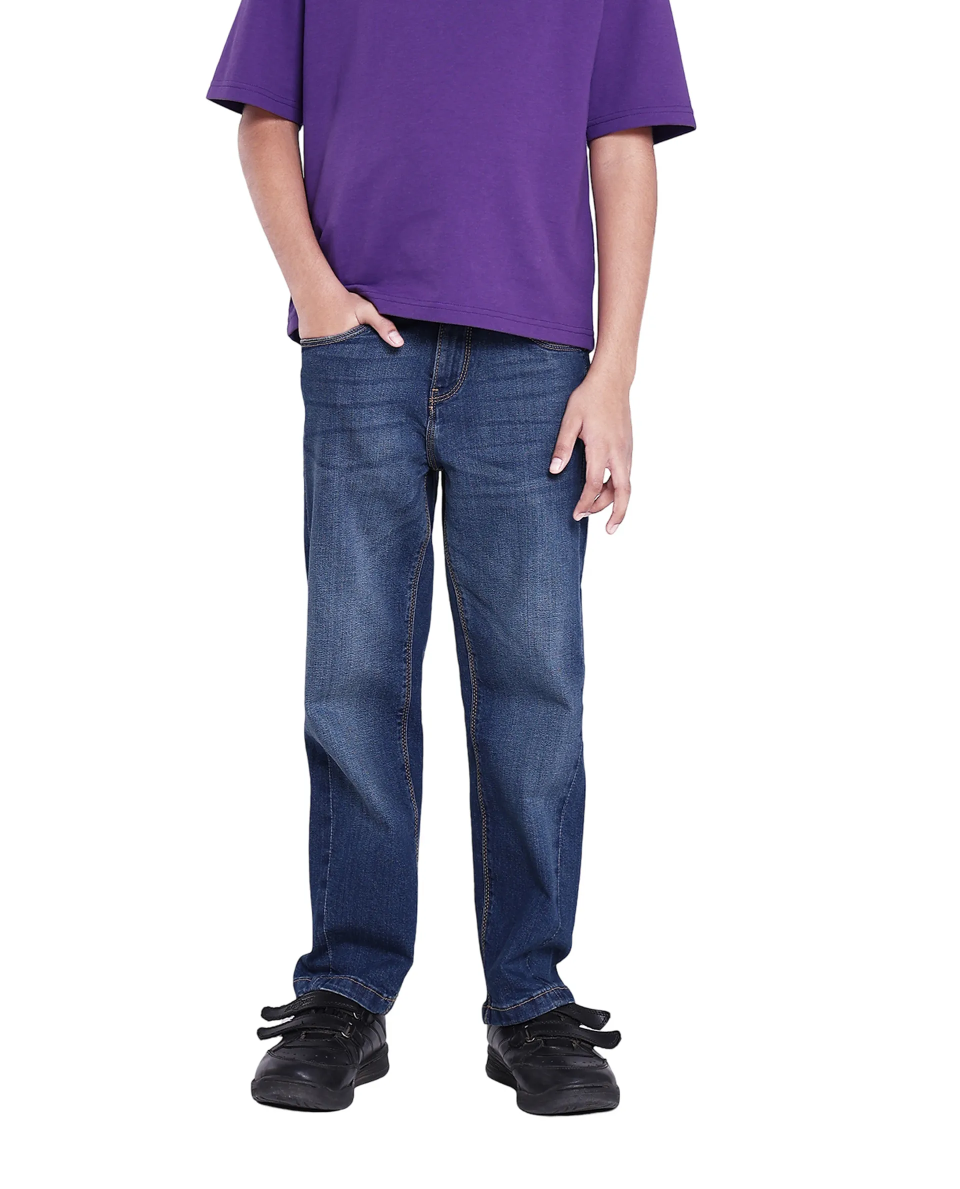 Rare Ones Kids Yosh Blue Cotton Relax Fit Solid Denim Pant - Image 3