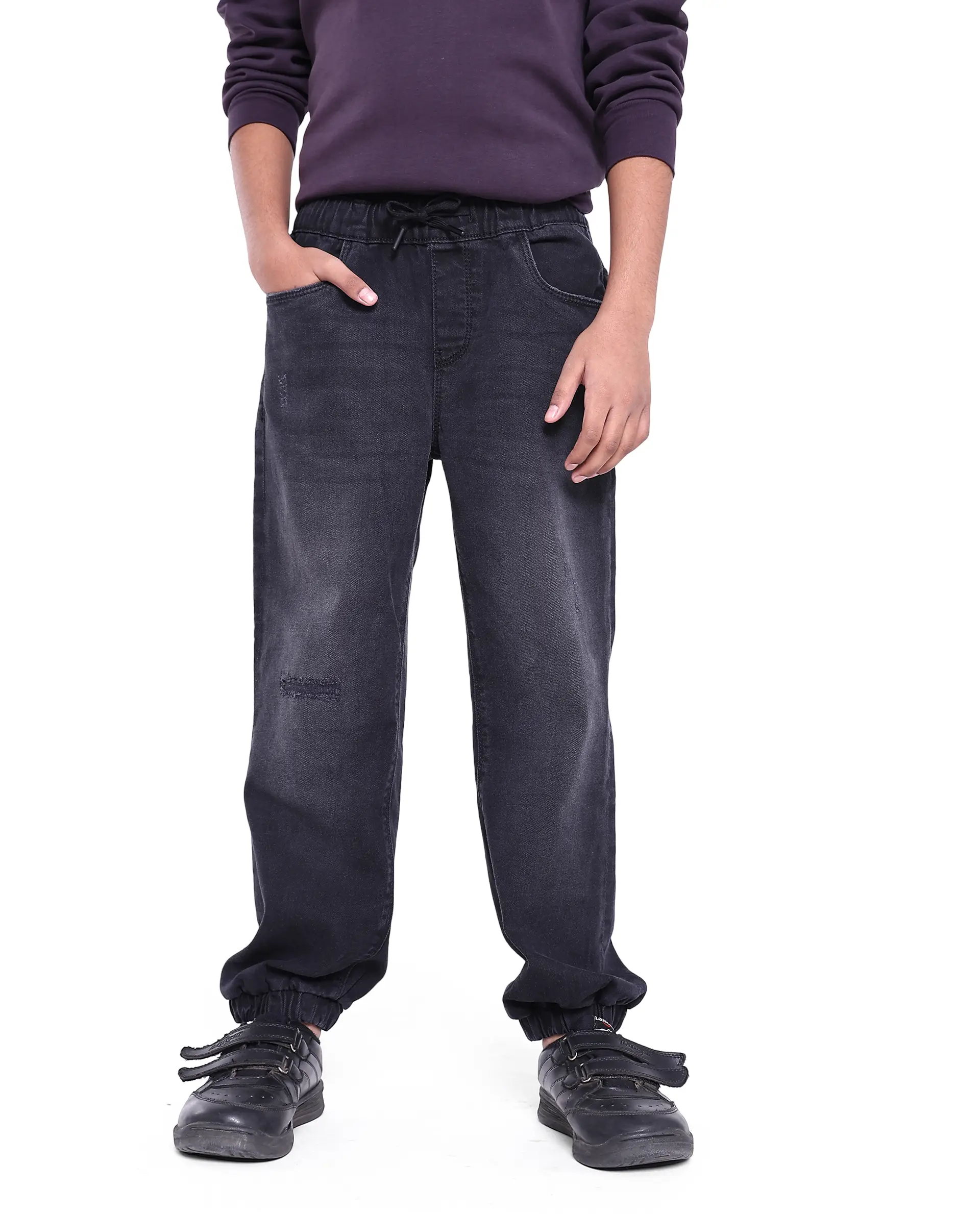 Rare Ones Kids Yugi Black Cotton Solid Slim Fit Denim Pant - Image 2