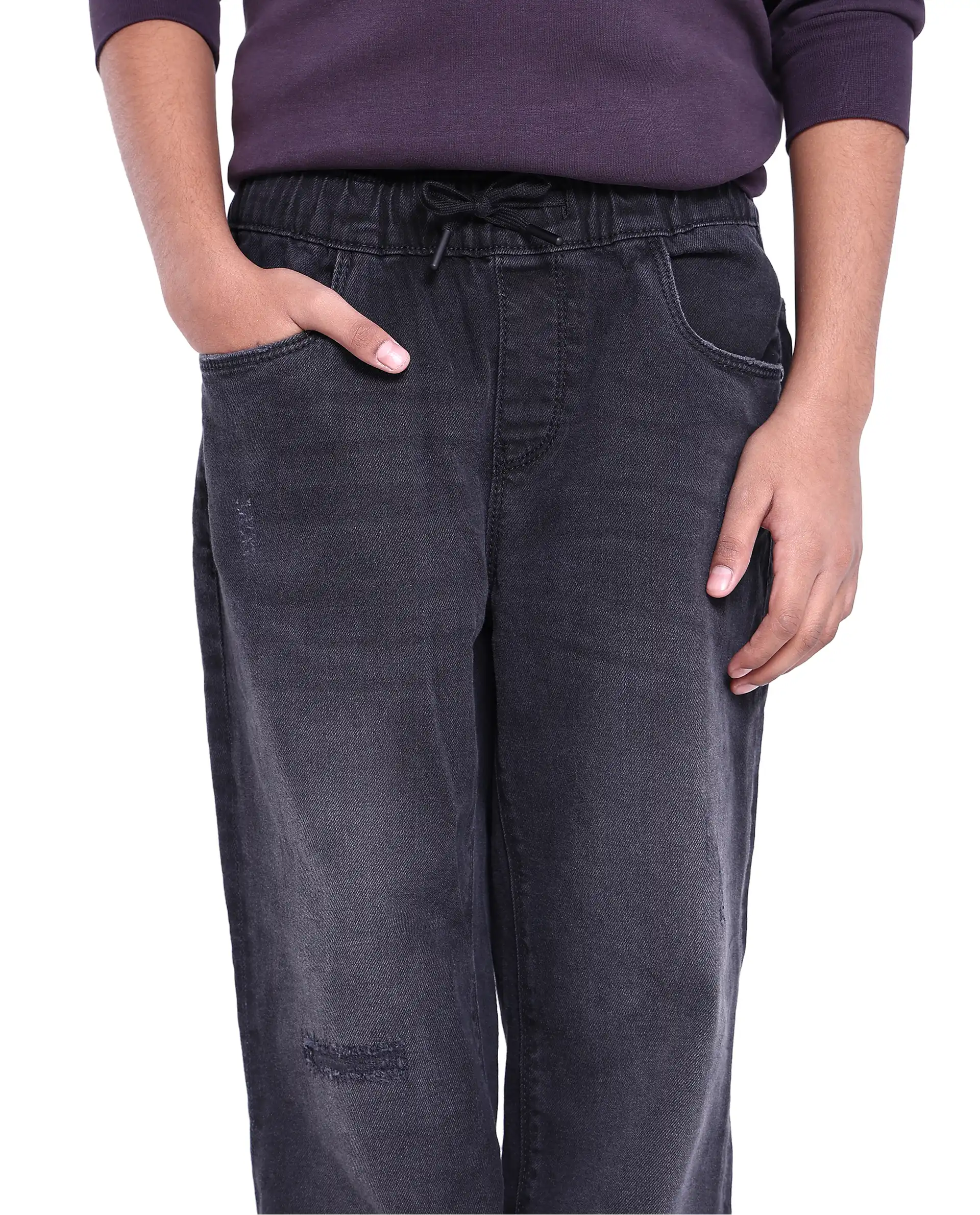Rare Ones Kids Yugi Black Cotton Solid Slim Fit Denim Pant - Image 3