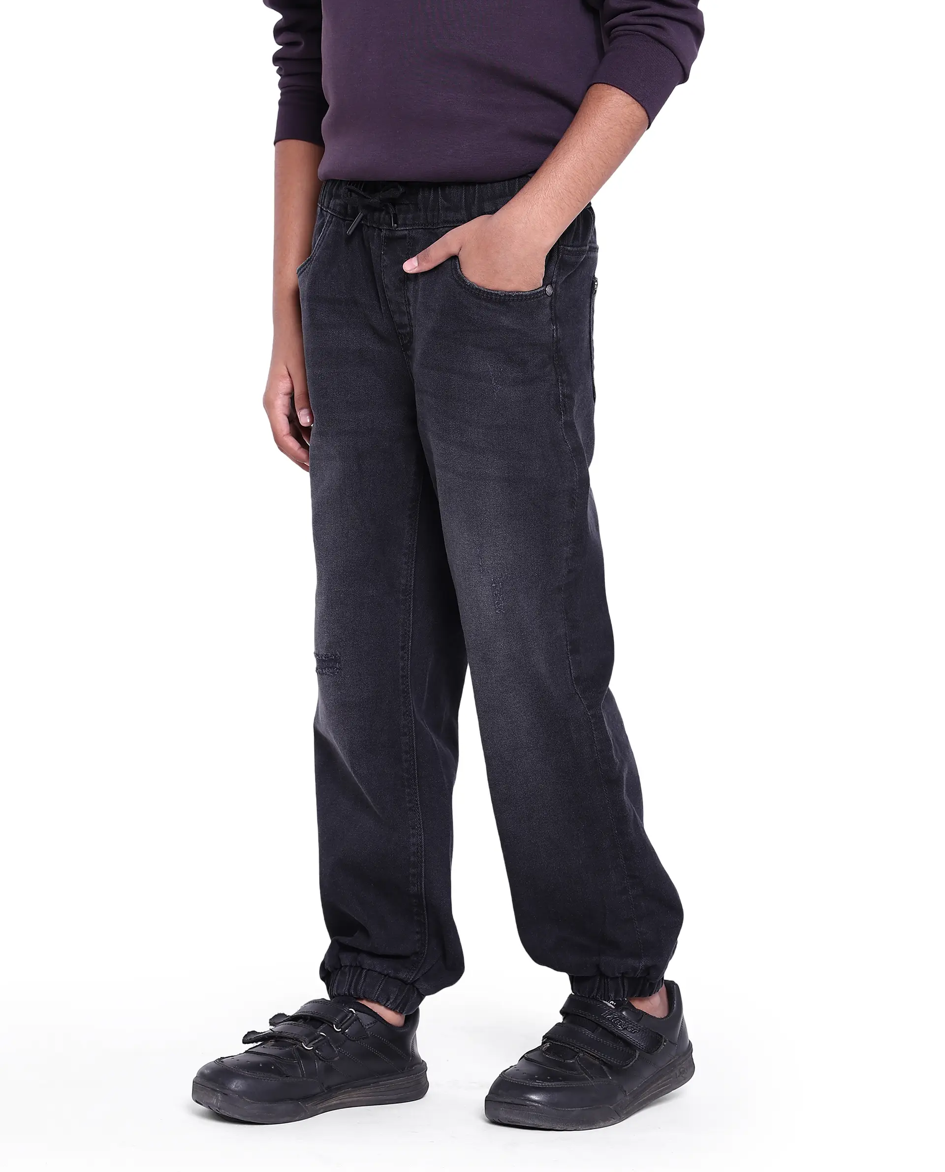 Rare Ones Kids Yugi Black Cotton Solid Slim Fit Denim Pant - Image 5