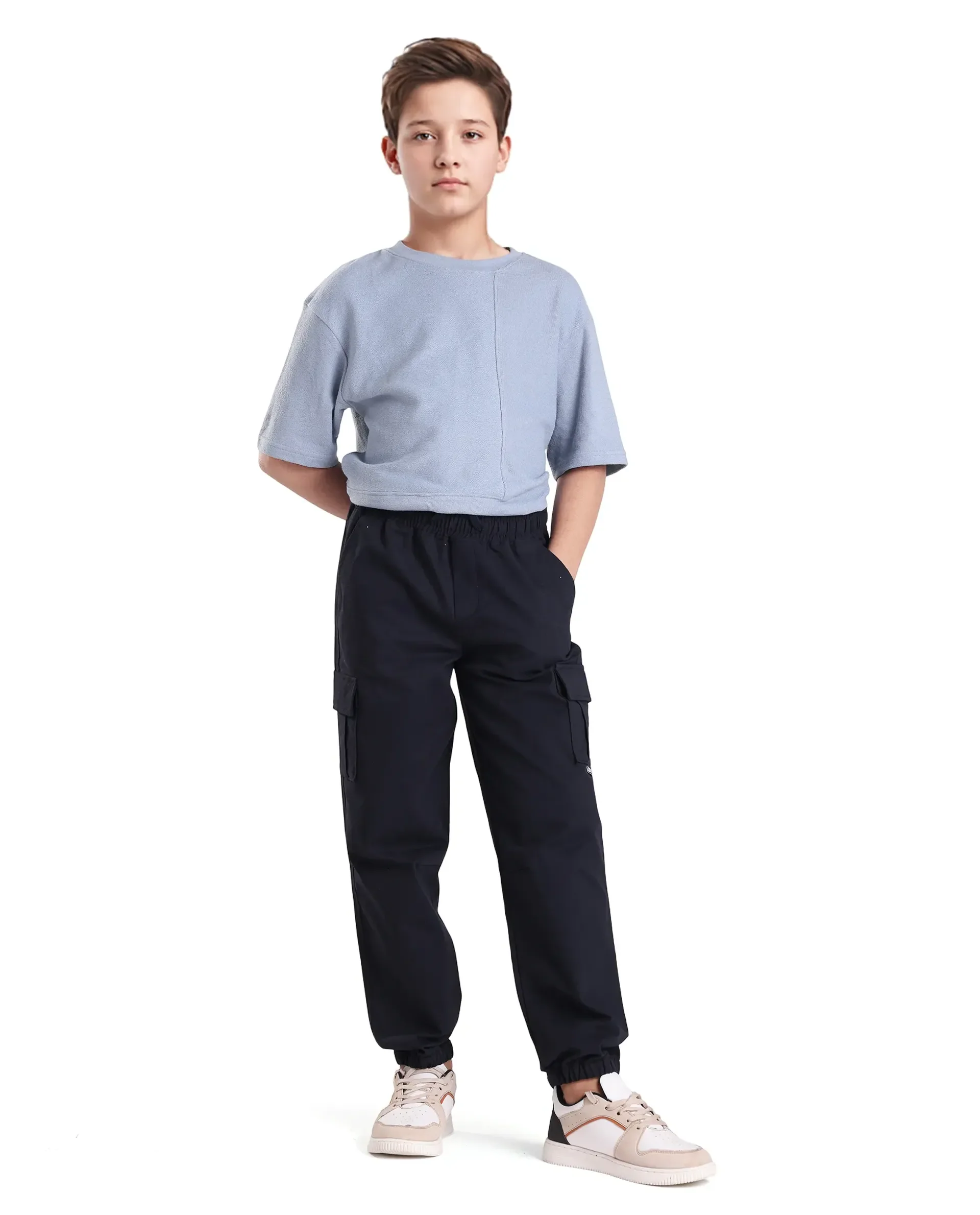 Rare Ones Kids Zash Navy Cotton Solid Button & Zip Closure Regular Fit Trouser - Image 2
