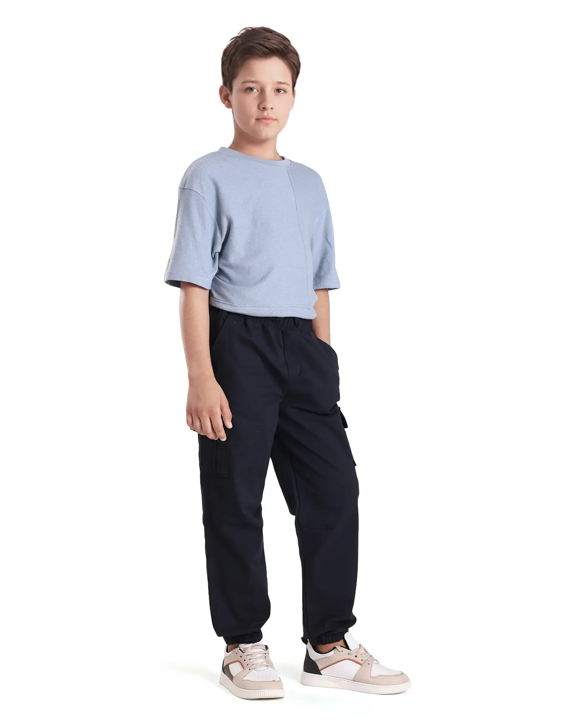 Rare Ones Kids Zash Navy Cotton Solid Button & Zip Closure Regular Fit Trouser - Image 6