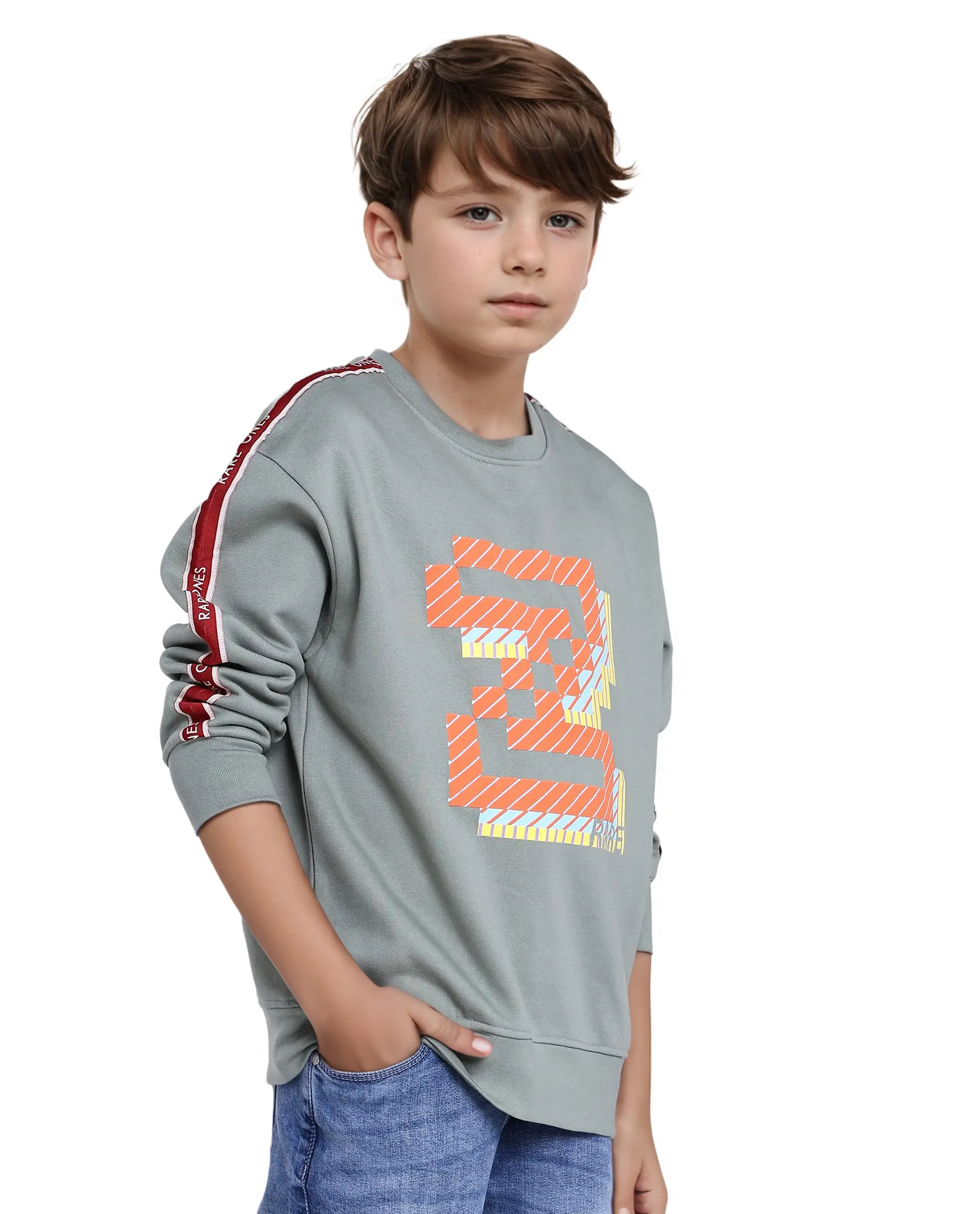 Rare Ones Kids Zet Dusky Green Cotton Poly Full Sleeve Puff Print Sweatshirt - Image 5