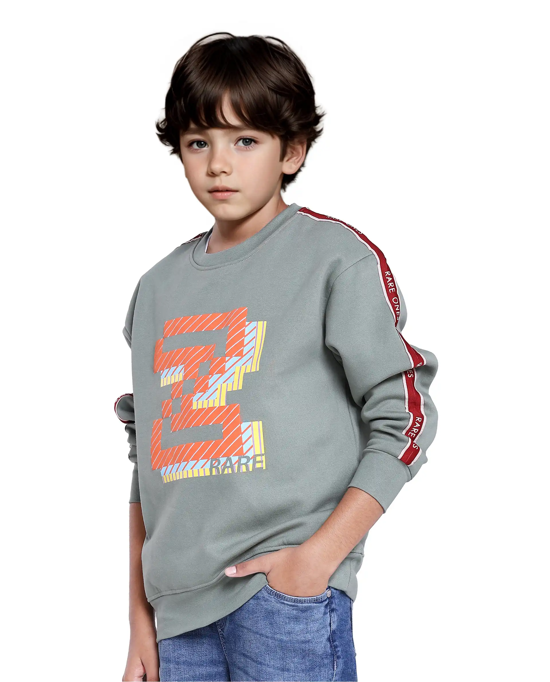 Rare Ones Kids Zet Dusky Green Cotton Poly Full Sleeve Puff Print Sweatshirt - Image 6