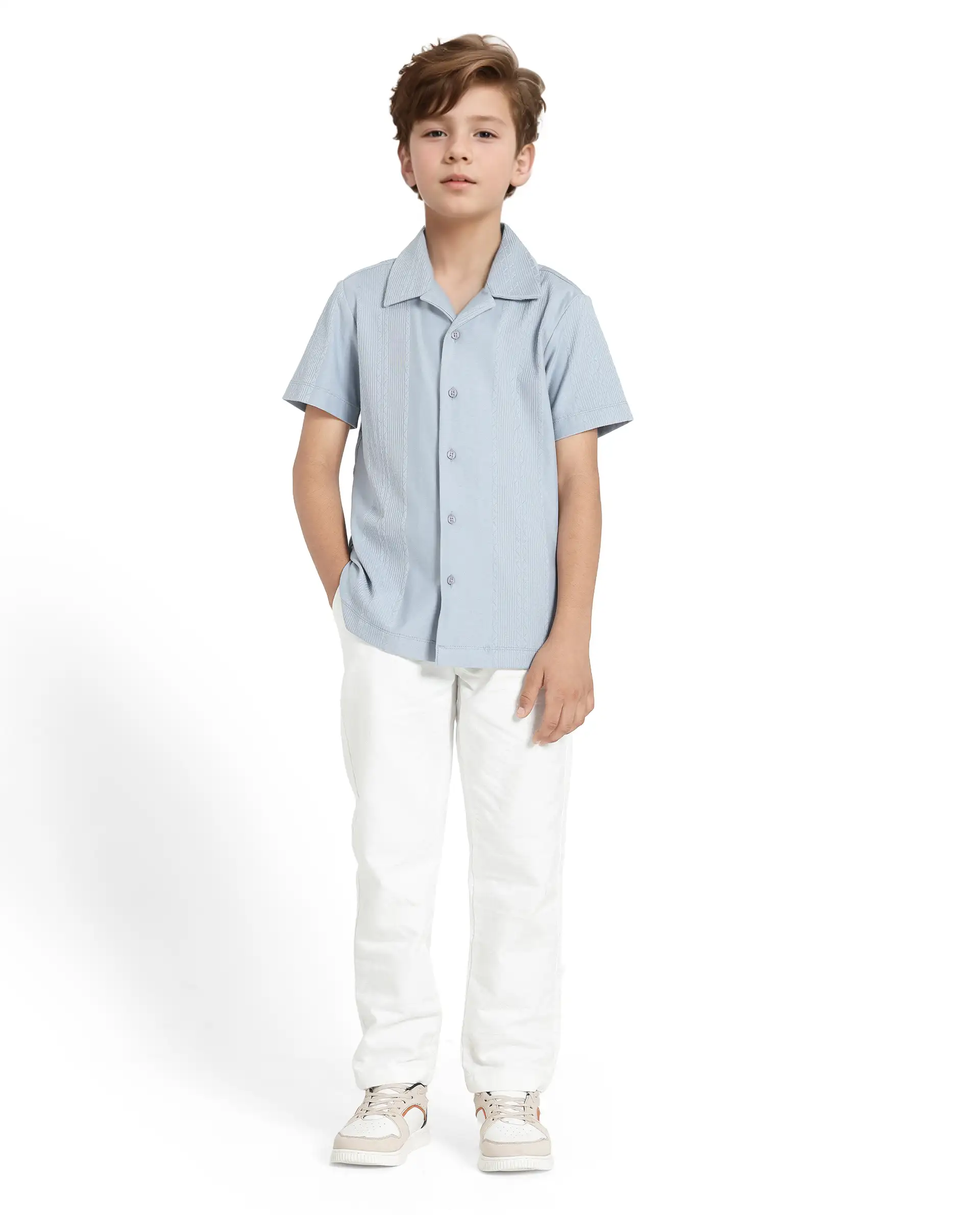 Rare Ones Kids Zinon Dusky Blue Cotton Full Sleeve Cuban Collar Jacquard Shirt - Image 2