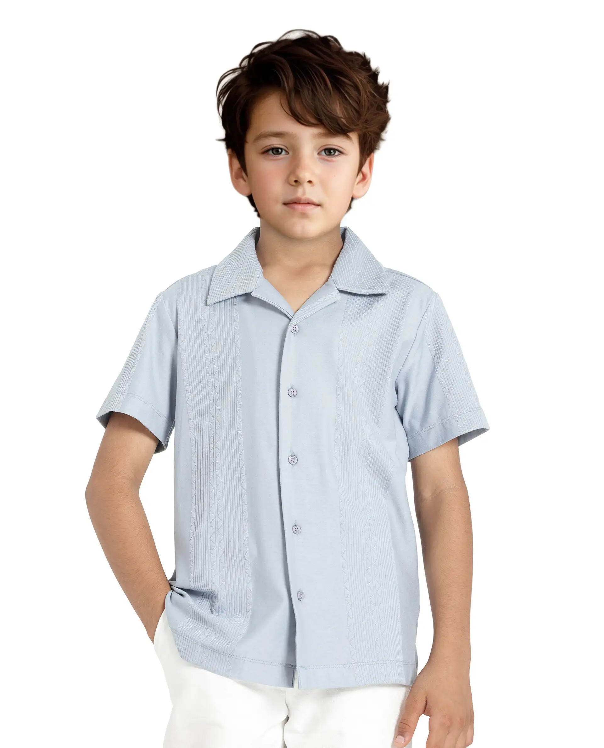 Rare Ones Kids Zinon Dusky Blue Cotton Full Sleeve Cuban Collar Jacquard Shirt - Image 3
