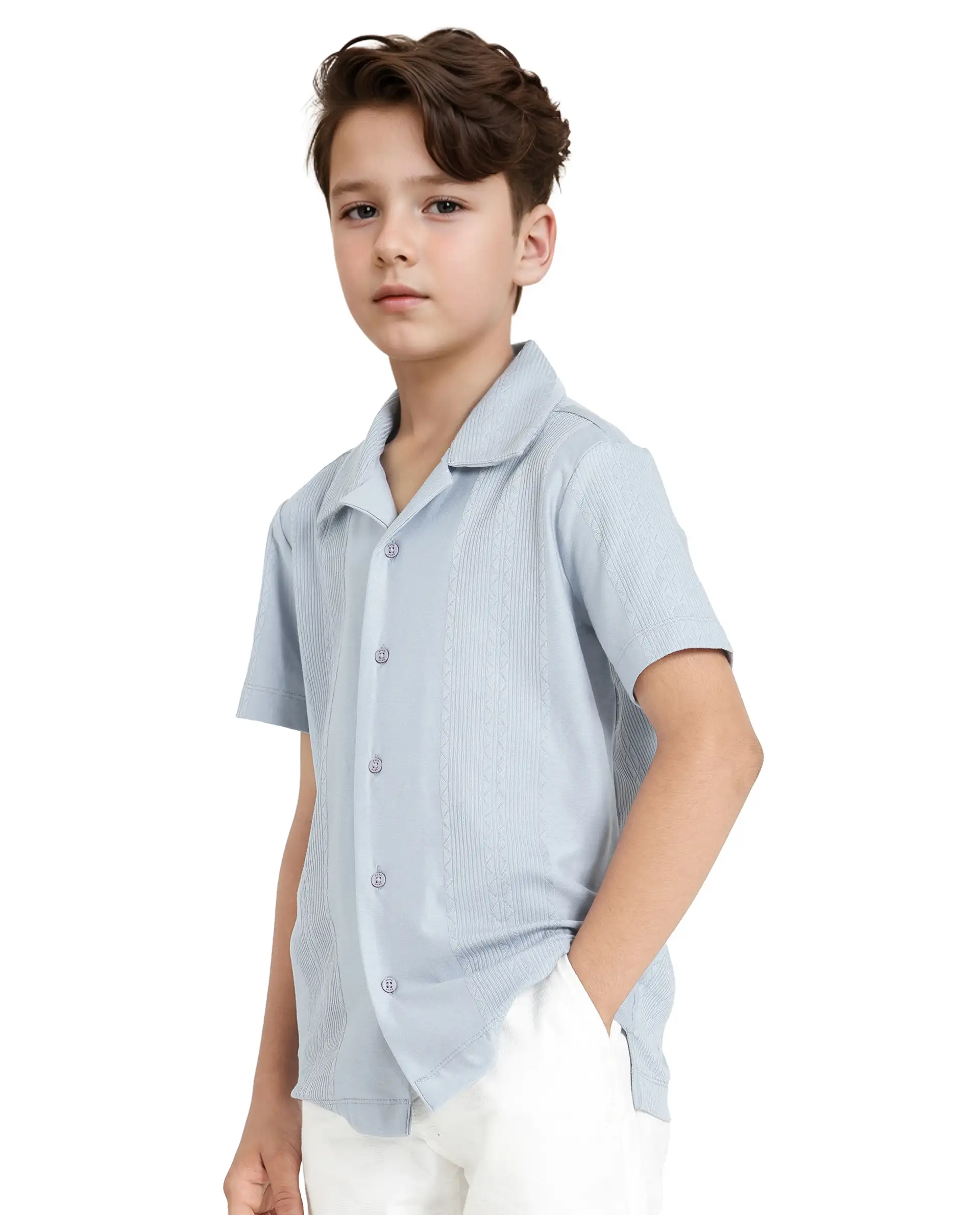 Rare Ones Kids Zinon Dusky Blue Cotton Full Sleeve Cuban Collar Jacquard Shirt - Image 6